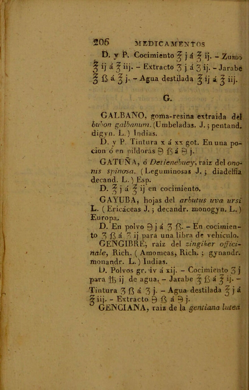 D. y P. Cocimiento j d % ij. - 2un;o § ij d J üj. - Extracto 3 j d 3 ij. - Jarabe ^ G d. j j- - Agua destilada g ij i ^ üj. G. GALBATVO, goma-resina extraida del bubon galbanum. (Umbeladas. J. 5 pentand. digyn. L. ) Ipdias. D. y P Tintura x d xx got. En una po- tion 6 en pildoras 9 G d 9 j- GATE NA, o Detienehuey, raiz dcl ono- ms sjuncrsn. ( Leguminosas J. j diadelfia decand. L. ) Esp. D. ^ j a ^ ij en cocimiento. GAYUBA, hojas dcl arbutus uva ui-si L. ( Ericaceas J. ; decandr. monogyn. L. ) Europa, D. En polvo 9 j d 3 G- - En cocimien- to 3 G d 3 *] para una libra de vehiculo. GENGIBREj raiz del zingiher offici- nale, Rich. ( Amomeas, Rich. -, gynandr. monandr. L. ) Iudias. D. Polvos gr. iv d xij. - Cocimiento 3 j para ife ij de agua. - Jarabe 3 G d 3 ij* - Tintura 3 G d 3 j- “ Agua destilada 3 j d 5 iij. - Extracto 9 G d 9 j- GENGIANA, raiz de la gentiana luiea