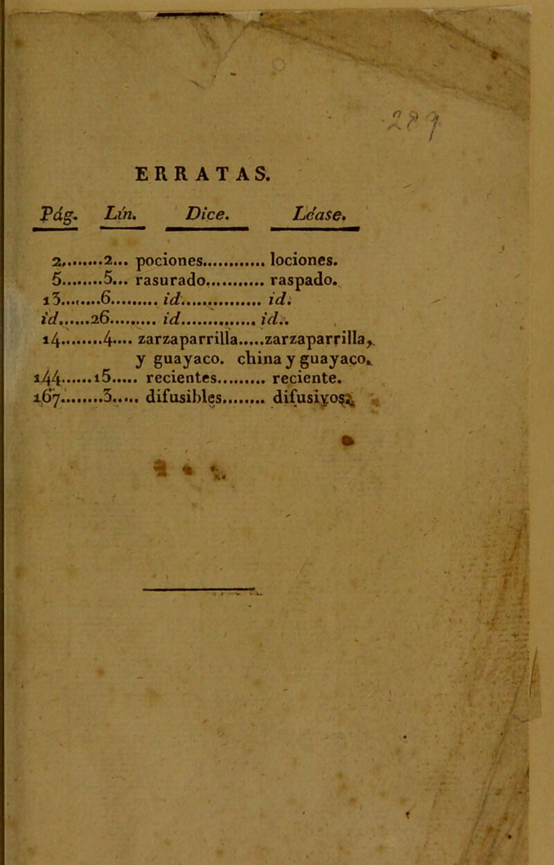 E R R A T A S. Pag. Lm, . Dice. Lcase. 2# •••••• • 2 « • ■ pociones rasurado. i3 6...., iW 26 ... ici.. l^dUM » * • zarzaparrilla. y guayaco. china y guayaco». 144 i5.... . recientes ih‘7. 5.... . difusihlcs.... « *• :J j v.fH - 4 t