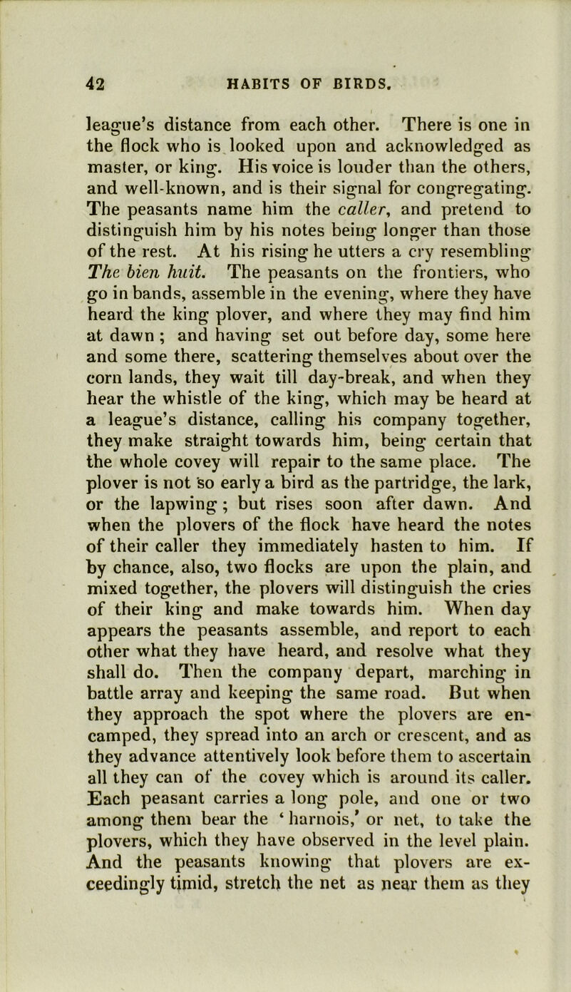 league’s distance from each other. There is one in the flock who is looked upon and acknowledged as master, or king. His voice is louder than the others, and well-known, and is their signal for congregating. The peasants name him the caller^ and pretend to distinguish him by his notes being longer than those of the rest. At his rising he utters a cry resembling The bien huit. The peasants on the frontiers, who go in bands, assemble in the evening, where they have heard the king plover, and where they may find him at dawn ; and having set out before day, some here and some there, scattering themselves about over the corn lands, they wait till day-break, and when they hear the whistle of the king, which may be heard at a league’s distance, calling his company together, they make straight towards him, being certain that the whole covey will repair to the same place. The plover is not so early a bird as the partridge, the lark, or the lapwing; but rises soon after dawn. And when the plovers of the flock have heard the notes of their caller they immediately hasten to him. If by chance, also, two flocks are upon the plain, and mixed together, the plovers will distinguish the cries of their king and make towards him. When day appears the peasants assemble, and report to each other what they have heard, and resolve what they shall do. Then the company depart, marching in battle array and keeping the same road. But when they approach the spot where the plovers are en- camped, they spread into an arch or crescent, and as they advance attentively look before them to ascertain all they can of the covey which is around its caller. Each peasant carries a long pole, and one or two among them bear the ‘ harnois,’ or net, to take the plovers, which they have observed in the level plain. And the peasants knowing that plovers are ex- ceedingly timid, stretch the net as near them as they