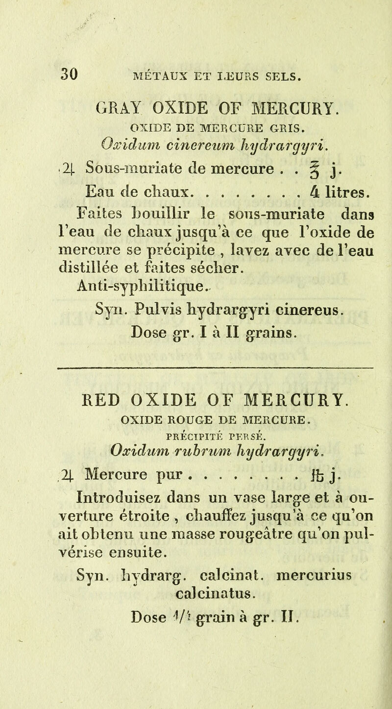 GRAY OXIDE OF MERCURY. OXIDE DE MERCURE GRIS. Oxidum cinereum hydrarçjyri. 2|. Sous-muriate de mercure . . g j. Eau de cliaux 4 litres. Faites bouillir le sous-muriate dans l’eau de cliaux jusqu’à ce que l’oxide de mercure se précipite , lavez avec de l’eau distillée et faites sécher. Anti-syphilitique. Syn. Pulvis hydrargyri cinereus. Dose gr. I à II grains. RED OXIDE OF MERCURY. OXIDE ROUGE DE MERCURE. PRÉCIPITÉ PERSE. Oxidum rubrum hydrargyri. 2j. Mercure pur fëîj- Introduisez dans un vase large et à ou- verture étroite , chauffez jusqu’à ce qu’on ait obtenu une masse rougeâtre qu’on pul- vérise ensuite. Syn. hydrarg. calcinai, mercurius calcinatus. Dose V* grain à gr. II.