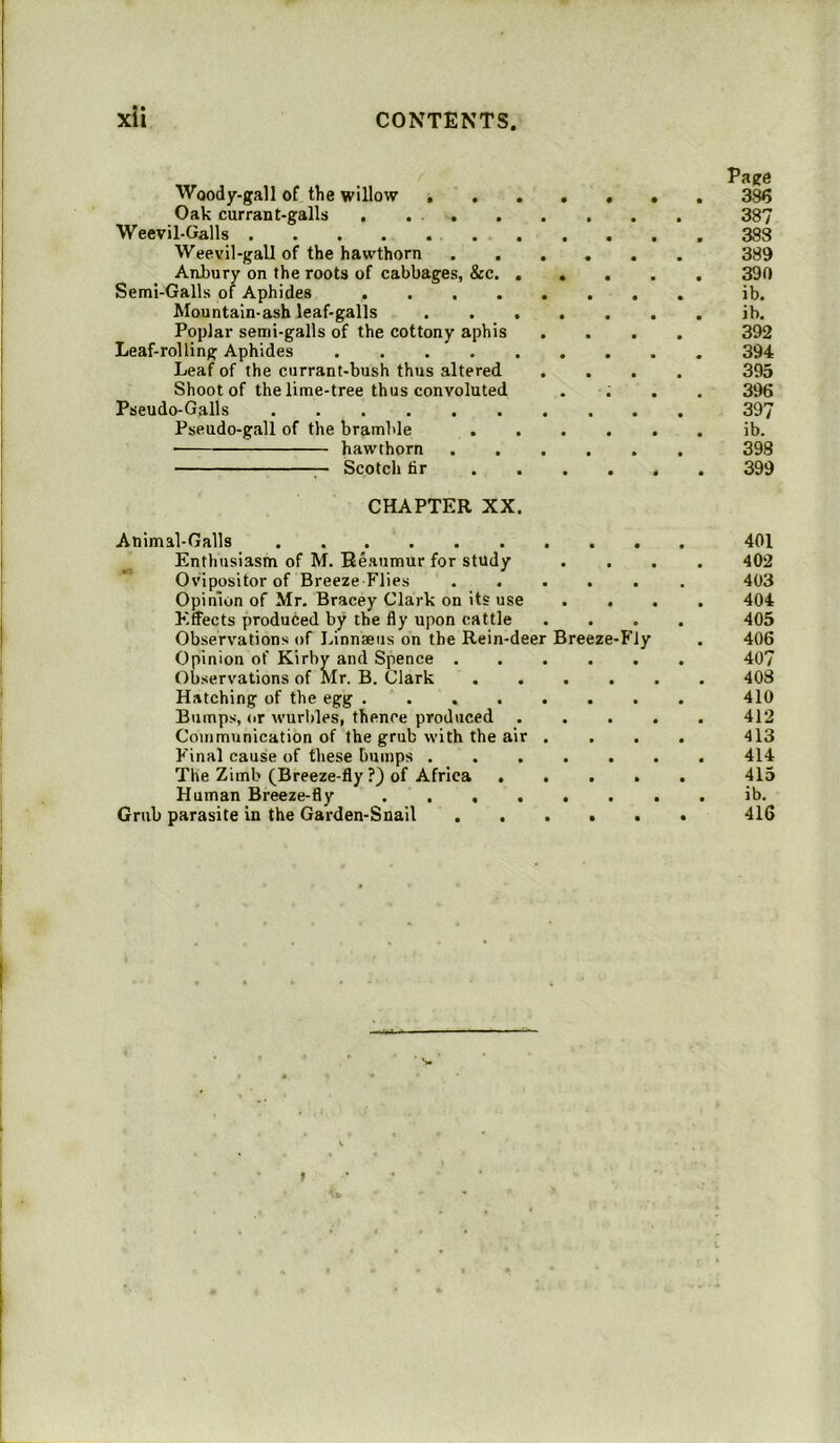 Page Woody-gall of the willow • • • 386 Oak currant-galls . . . 387 Weevil-Galls • • • 388 Weevil-gall of the hawthorn • • • • 389 Anbury on the roots of cabbages, &c. . • • • 390 Semi-Galls of Aphides .... ib. Mountain-ash leaf-galls • • • ib. Poplar semi-galls of the cottony aphis • • • ft 392 Leaf-rolling Aphides • • • 394 Leaf of the currant-bush thus altered • • • • 395 Shoot of the lime-tree thus convoluted • • • 396 Pseudo-Galls ft 397 Pseudo-gall of the bramble • • • ib. hawthorn • • • ft 398 Scotch tir • • • 399 CHAPTER XX. Animal-Galls • 401 Enthusiasm of M. Reaumur for study • • • 402 Ovipositor of Breeze Flies • • • • 403 Opinion of Mr. Bracey Clark on its use • • • 404 Effects produced by the fly upon cattle • • e ft 405 Observations of Linnaeus on the Rein-deer Breeze-Fly 406 Opinion of Kirby and Spence . • • • ft 407 Observations of Mr. B. Clark • • • 408 Hatching of the egg .... • • • ft 410 Bumps, or wurbles, thence produced • • ft 412 Communication of the grub with the air • • • ft 413 Final cause of these bumps . • • • 414 The Zimb (Breeze-fly?) of Africa . • • ft ft 415 Human Breeze-fly .... Grub parasite in the Garden-Snail • • ft • 416