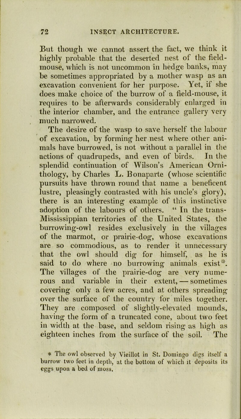 But though we cannot assert the fact, we think it highly probable that the deserted nest of the field- mouse, which is not uncommon in hedge banks, may be sometimes appropriated by a mother wasp as an excavation convenient for her purpose. Yet, if she does make choice of the burrow of a field-mouse, it requires to be afterwards considerably enlarged in the interior chamber, and the entrance gallery very much narrowed. The desire of the wasp to save herself the labour of excavation, by forming her nest where other ani- mals have burrowed, is not without a parallel in the actions of quadrupeds, and even of birds. In the splendid continuation of Wilson’s American Orni- thology, by Charles L. Bonaparte (whose scientific pursuits have thrown round that name a beneficent lustre, pleasingly contrasted with his uncle’s glory), there is an interesting example of this instinctive adoption of the labours of others. “ In the trans- Mississippian territories of the United States, the burrowing-owl resides exclusively in the villages of the marmot, or prairie-dog, whose excavations are so commodious, as to render it unnecessary that the owl should dig for himself, as he is said to do where no burrowing animals exist'. The villages of the prairie-dog are very nume- rous and variable in their extent, — sometimes covering only a few acres, and at others spreading over the surface of the country for miles together. They are composed of slightly-elevated mounds, having the form of a truncated cone, about two feet in width at the base, and seldom rising as high as eighteen inches from the surface of the soil. The * The owl observed by Vieillot in St. Domingo digs itself a burrow two feet in depth, at the bottom of which it deposits its eggs upon a bed of moss.