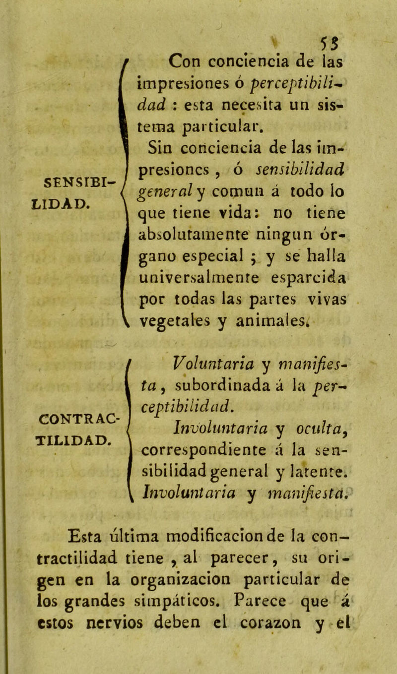 SENSIBI- LIDAD. 55 Con concîencia de las impresiones 6 perceptibilU dad : esta necesita un sis- teiua particular. Sia conciencia de las îm- presioncs , 6 sensibllidad general y comuii â todo lo que tiene vida: no tiene absolutamente ningun or- gano especial ; y se halla universalmenfe esparcida por todas las partes vivas végétales y animaieSi Voîuntarîa y manifies^ ta , subordinada à la per-- ceptibilidad. Involuntaria y oculta^ correspondiente a la sen- sibilidad general y latente. Involuntaria y manifiestà. Esta ultîma modificacîonde la con- tractilidad tiene , al parecer, su ori- gen en la organizacion particular de los grandes siinpaticos, Parece que a estes nervios deben el corazon y ei CONTRAC-