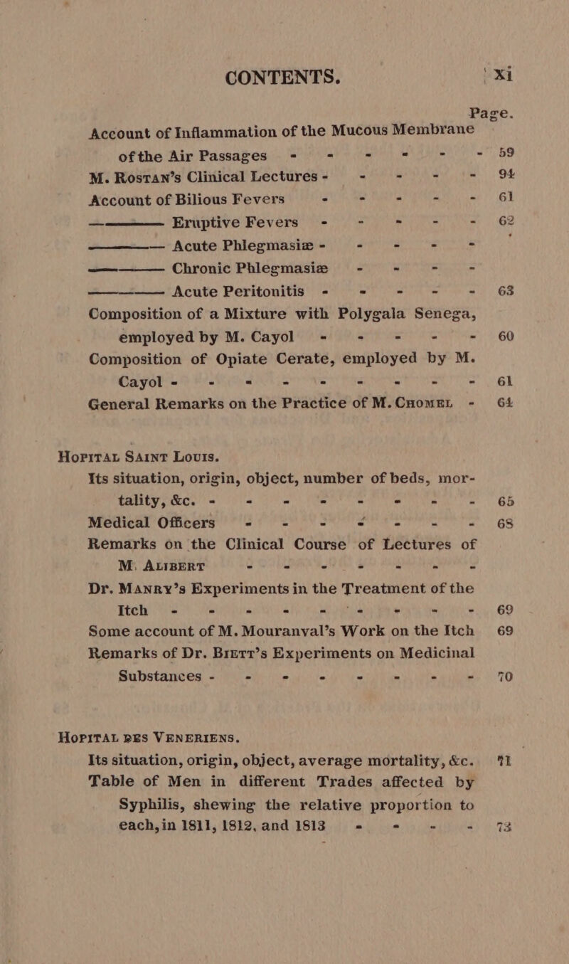 Page. Account of Inflammation of the Mucous Membrane À ofthe Air Passages = - - = = - M. Rosran’s Clinical Lectures - ~ - - - 94 Account of Bilious Fevers - - - - ia Eruptive Fevers - - = - - 62 — Acute Phlegmasiæ- = - - - ! Chronic Phlegmasie - ~ = 4 —— Acute Peritonitis - - - - 63 Composition of a Mixture with Polygala Senega, employed by M.Cayol = + - - = 60 Composition of Opiate Cerate, employed by M. Cayol - - = - - = 5 : “hts General Remarks on the Practice of M.CHomEL - 64 a Hoprraz SAINT Lours. Its situation, origin, object, number of beds, mor- tality, &amp;c. = = = = - - : 6h Medical Officers = = = CL lg à es Remarks on the Clinical Course of Lectures of M, ALIBERT - - - - à du 3 Dr. Manry’s Experiments in the Treatment of the Fekete dh ee NN en Eh erg bree ie, 69 Some account of M.Mouranval’s Work on the Itch 69 Remarks of Dr. Brett’s Experiments on Medicinal Substances - - - - ~ in = Be 70 Hopital DES VENERIENS. Its situation, origin, object, average mortality,&amp;c. 71 Table of Men in different Trades affected by Syphilis, shewing the relative proportion to