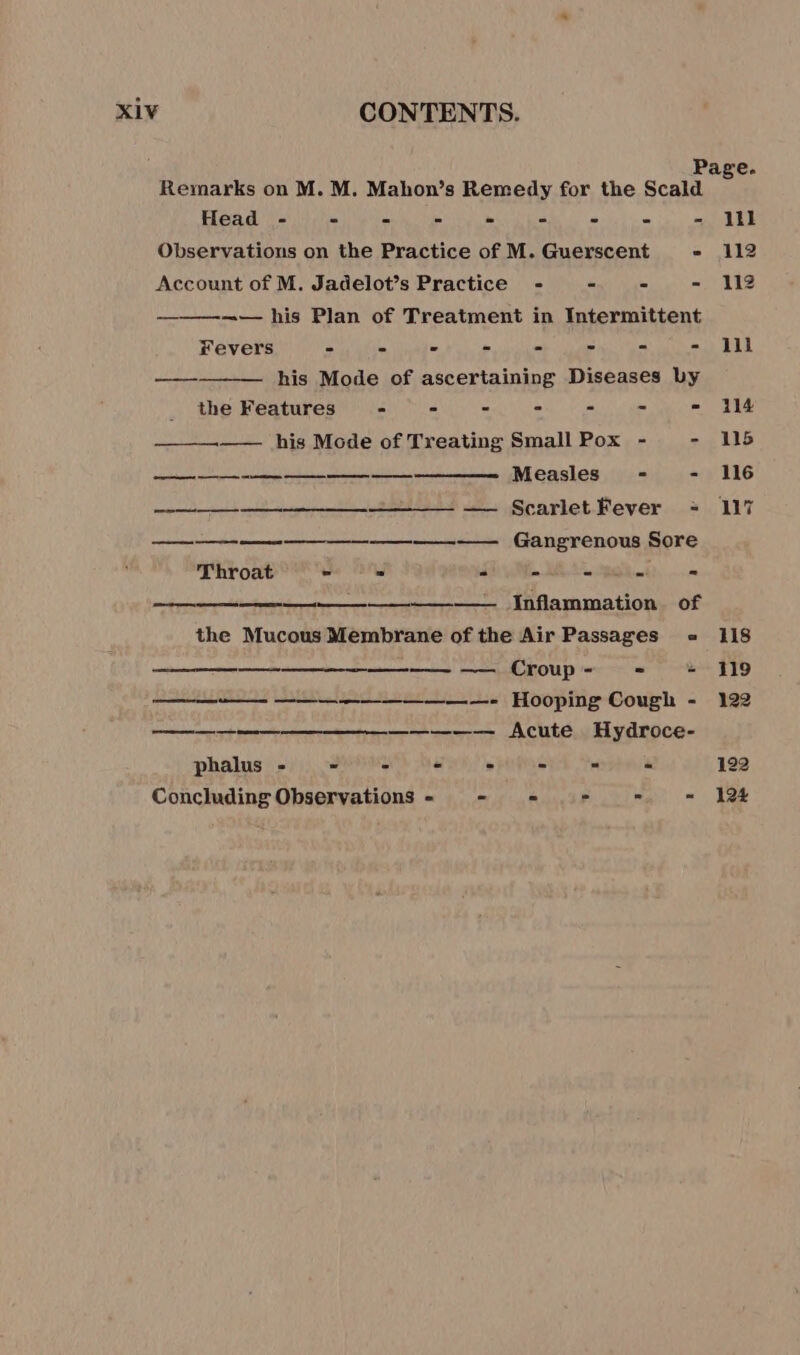 Page. Remarks on M. M. Mahon’s Remedy for the Scald Head - - = - - - - = - ltl Observations on the Practice of M. Guerscent - 112 Account of M. Jadelot’s Practice - = = - 112 ————— his Plan of Treatment in Intermittent Fevers - - - - - - - - ill his Mode of ascertaining Diseases by the Features = - - - - - - 114 —— his Mode of Treating Small Pox - - 115 NL LARMES PEN NE ER EURE Measles - - 116 ES ut Scarlet Fever à. 117 a —— mm Gangrenous Sore Throat = = . = = a 4 meee tte ey eerie eens à TEA Ma TION CE the Mucous Membrane of the Air Passages « 118 me — Croup- = «+ 119 —— shies Votre 9 Acute Hydroce- phalus - - - = - - - 122 Concluding Observations - . ° = = 124