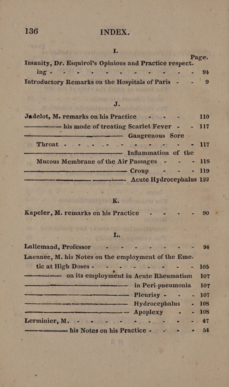 . Page. Insanity, Dr. Esquirol’s Opinions and Practice respect- ing - - 5 5 = A 2 2 - = - 94 Introductory Remarks on the Hospitals of Paris - UE J. Jadelot, M. remarks on his Practice - = - - 110 —————— his mode of treating Scarlet Fever - - 117 k ————— Gangrenous Sore : Throat - - .- - yee ee Reais b 16 = ————————— Inflammation of the Mucous Membrane of the Air Passages - - - 118 PTE MES NIN Scie Pa aa Croup - - - 1g ———— ————- Acute Hydrocephalus 122 K. Kapeler, M. remarks on his Practice - - - - 90 L. Lallemand, Professor - i a À : È = 94 Laennec, M. his Notes on the employment of the Eme- tic at High Doses - SANTE NE HE eee = -. 105 L —— on its employment in Acute Rheumatism 107 —- in Peri-pneumonia 107 —_—_— — —————— Pleurisy - - - 107 oO ————————— Hydrocephalus - 108 — — Apoplexy - - 108 Lerminier, M. - - = Steele UE - “OISE AT his Notes on his Practice - which ie = 54 een ate