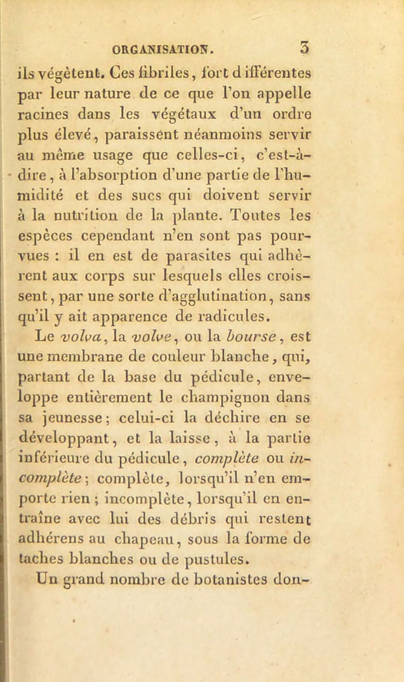 ils végètent. Ces fibriles, fort d ifféreutes par leur nature de ce que l’on appelle racines dans les végétaux d’un ordre plus élevé, paraissent néanmoins servir au même usage que celles-ci, c’est-à- dire, à l’absorption d’une partie de l’hu- midité et des sucs qui doivent servir à la nutrition de la plante. Toutes les espèces cependant n’en sont pas pour- vues : il en est de parasites qui adhè- rent aux corps sur lesquels elles crois- sent , par une sorte d’agglutination, sans qu’il y ait apparence de radicules. Le volva, la volve, ou la bourse, est une membrane de couleur blanche, qui, partant de la base du pédicule, enve- loppe entièrement le champignon dans sa jeunesse ; celui-ci la déchire en se développant, et la laisse, à la partie inférieure du pédicule, complète ou in- complète-, complète, lorsqu’il n’en em- porte rien ; incomplète, lorsqu’il en en- traîne avec lui des débris qui restent adhérens au chapeau, sous la forme de taches blanches ou de pustules. Un grand nombre de botanistes don-
