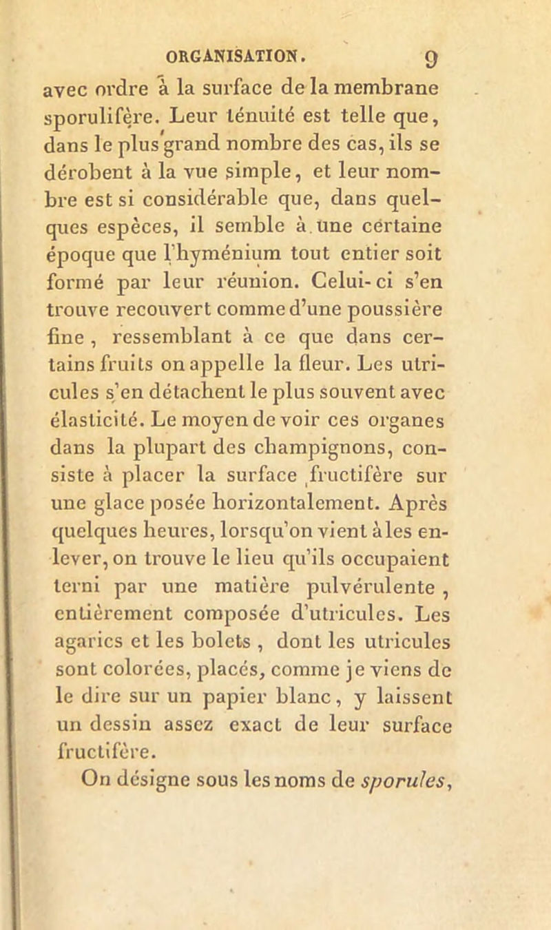 avec ordre à la surface de la membrane sporulifère. Leur ténuité est telle que, dans le plus grand nombre des cas, ils se dérobent à la vue simple, et leur nom- bre est si considérable que, dans quel- ques espèces, il semble à. une certaine époque que l’hyménium tout entier soit formé par leur réunion. Celui-ci s’en trouve recouvert comme d’une poussière fine , ressemblant à ce que dans cer- tains fruits on appelle la fleur. Les ulri- cules s’en détachent le plus souvent avec élasticité. Le moyen de voir ces organes dans la plupart des champignons, con- siste à placer la surface fructifère sur une glace posée horizontalement. Après quelques heures, lorsqu’on vient aies en- lever, on trouve le lieu qu’ils occupaient terni par une matière pulvérulente , entièrement composée d’utricules. Les agarics et les holets , dont les utricules sont colorées, placés, comme je viens de le dire sur un papier blanc, y laissent un dessin assez exact de leur surface fructifère. On désigne sous les noms de sporules,