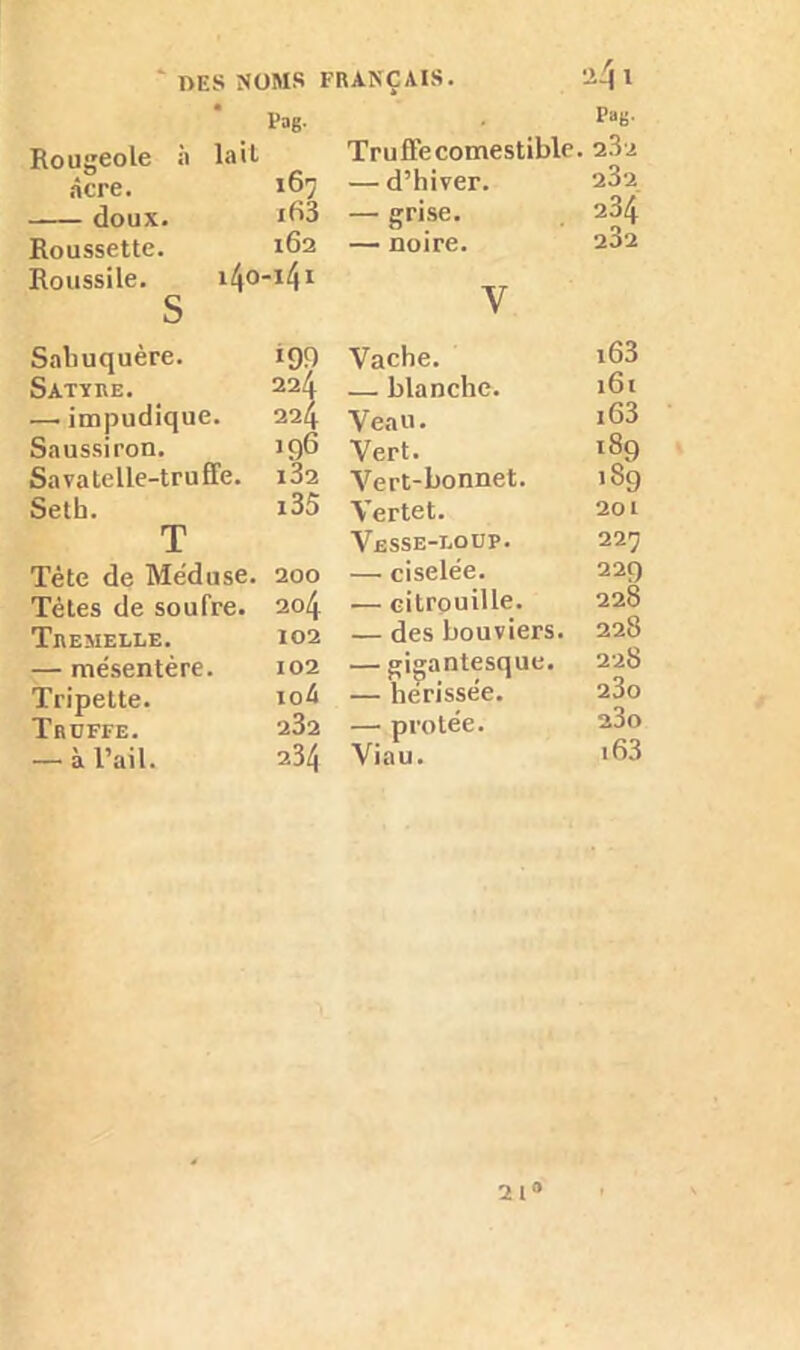 T)ES NOMS FRANÇAIS. 2q 1 Pag. Rougeole à lait âcre. 167 doux. id3 Roussette. 162 Roussile. 140-141 S Saliuquère. 199 Satthe. 224 —.impudique. 224 Saussiron. 196 Savatelle-truffe. i32 Seth. i35 T Tête de Méduse. 200 Têtes de soufre. 204 Tremelle. 102 — mésentère. 102 Tripette. ioâ Truffe. 232 — à l’ail. 234 Pag. Tru fie comestible. 2.32 — d’hiver. 232 — grise. 234 — noire. 232 Y Vache. i63 — blanche. 161 Veau. i63 Vert. 189 Vert-bonnet. 189 Vertet. 201 Vesse-t.oup. 227 — ciselée. 229 — citrouille. 228 — des bouviers. 228 — gigantesque. 228 — hérissée. 23o — protée. s3o Viau. '63