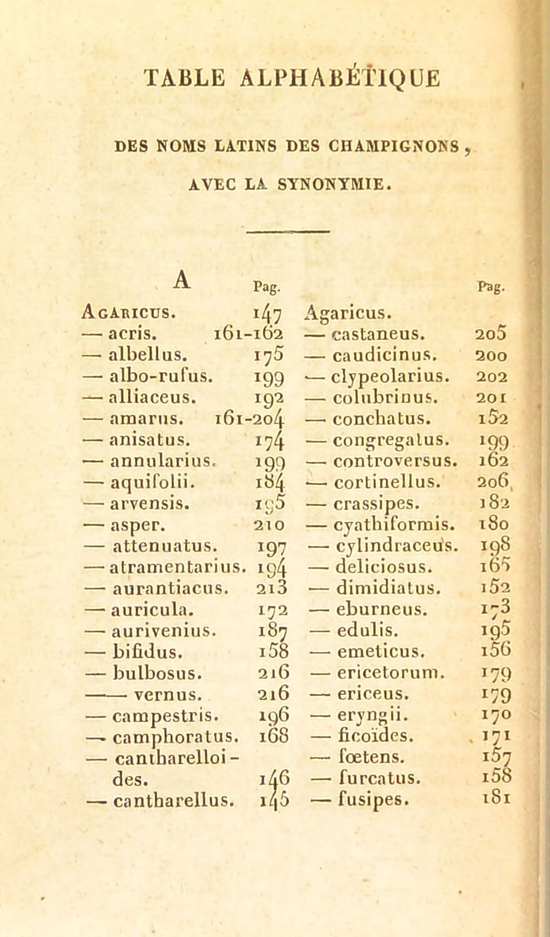 DES NOMS LATINS DES CHAMPIGNONS , AVEC LA SYNONYMIE. A Pag. Pag. Acaiîicus. *47 Agaricus. — acris. 161- -162 — castaneus. 205 — albellus. 175 — caudicinus. 200 — albo-rufus. !99 •— clypeolarius. 202 — alliaceus. 192 — colubrinus. 201 — amarus. 1S1- ■2o4 — conchatus. 1^2 — anisatus. 174 — congregalus. J99 — annularius. !99 — controversus. 162 — aquifolii. ib/j — cortinellus. 206, — arvensis. iy5 — crassipes. 182 — asper. 210 — cyathiformis. 180 — attenuatus. !97 — cylindraceu's. 198 — atramentarius. •94 — deliciosus. 16') — aurantiacus. 2l3 — dimidiatus. ] 52 — auricula. 172 — eburneus. — aurivenius. 187 — edulis. 19.5 — bifidus. i58 — emeticus. i56 — bulbosus. 216 — ericetorum. *79 vernus. 216 — ericeus. !9 — campestris. 196 — eryngii. 170 — camphoratus. 168 — ficoïdes. 171 — caniharelloi - — fœtens. 157 des. 146 — furcatus. i58 — cantharellus. 14 A — fusipes. 181