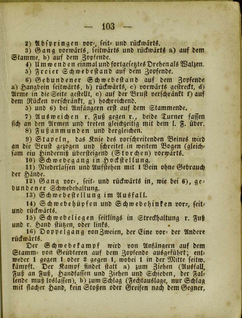 2) 9lbfPrinzen »or-, UiU unb rücfmärtS. 3) ©ang »ormärtö, feitttJartö unb rücfn?ärt^ a) auf bem @tammc, b) auf bem 4) Umiuenben einmalunbfortgefei^teötJrebenaföSBaljen. 5) freier (Scbnjebejlanb auf bem 3oPf^bt>^‘ 6) @ebunbener (Sdbnjebeilaiib auf bem 3oPf^nbc a) Langbein feitmärtö, b) riiefmärtö, c) »ormartö geftreeft, d) 91rme in bie@eite geftellt, e) auf ber ^rujl oerfc^ränft f) auf bem D^üefen »erfebränft, g) bocbr^icbenb. 5) unb 6) bei 2lnfängern erft auf bem ©tammenbe. 7) 51 uöm ei eben r. gu^ gegen r., beibe Xurner faffen iicb an ben 51rmen unb treten gfeicbjeitig mit bem I. über. 8) ^u^anmunben unb bergleicben. 9) ©tapetn, baö Änie beö »orfebreitenben ^eineö mirb an bie 53ru(l gejogen unb febreitet in meitem 53ogen (gteicb= (am eiu t)inberni§ überfteigenb (©toreben) por^Järtö. 10) ©ebtrebegang in ^yocffleltung. 11) 9?ieberlaffen unb 5lufjleben mit lS3ein obne©ebraucb ber ^änbe. 12) ©ang por-', feit-- unb rücftpärtö in, wie bei 6), ge^ bunbener @d)tpebeba(tung. 13) ©cbmebeftntung im 5tuöfatt. 14) ©cbmebebüpfen unb ©cbmebebinfen por?, feit- unb rücftoärtiS. 15) ©cbmebetiegen feittingö in ©treefbattung r. ^u^ unb r. ^anb üüfjen, ober (in!d. 16) Doppelgang pon3»oeien, ber (5ine por- ber 5tnberc rüefmärtö. Der ©cbmebefampf mirb pon 5tnfcingern auf bem ©lamm; pon ©eübteren auf bem 3oPfßnbe aiiögefübrt; ent; Weber 1 gegen 1 ober 2 gegen 1, wobei 1 in ber IDtitte feitw. Fämpft. Der ^ampf finbet fldtt a) gum 3i^ben (5tuöfall, ^u§ an §u§, ^aiibfaffen unb 3i^ben unb ©ebieben, ber §at; lenbe mub (ogfaffen), b)gum©^tag (^eebtauötage, nur ©cbfag mit flacher ^anb, Fein ©to^en ober ©reifen na^ bem ©egner.
