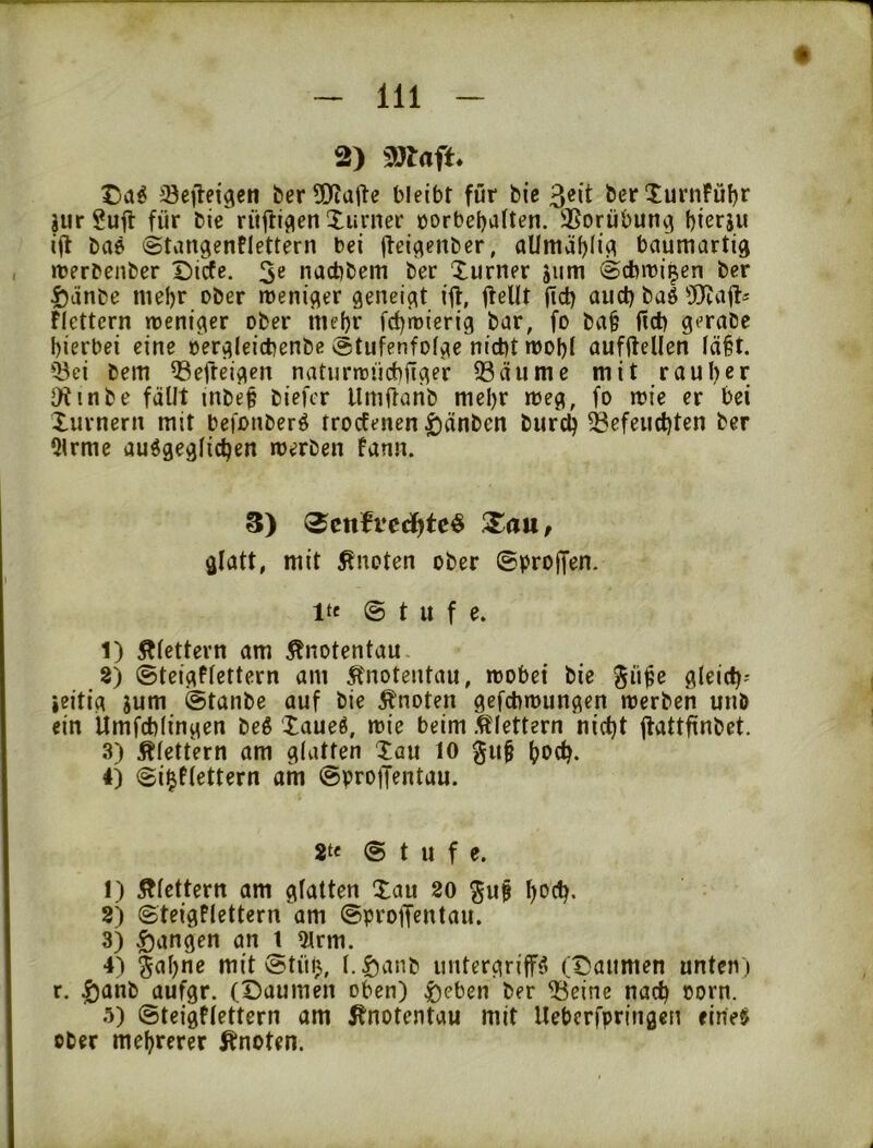 2) Sefleigcn berü)iajle bleibt für bic ^e\t ber XurnFü!)r jur ?ufl für bie rüilijien Xurner öorbebaften. 3Sorübunv3 bierju ift bae (Stangenflettern bei |tei^enber, aUmäf)li^ baumartig merbenber Diäe. 3^ nacbbem ber Xurner jum ©cbmi^en ber t)änbe mel)r ober meniger geneigt ijl, flellt ftd) auct) baö ?Wait= Flettcrn meniger ober meljr fd)ri)ierig bar, fo bab Ücb gerabe hierbei eine nergleicbenbe (Stufenfolge nicht njobl aufftellen lä§t. Q3ci bem ^^efteigen naturrmicbfiger 93äume mit raul)er IKinbe fällt inbe§ biefer Umftanb meljr meg, fo mie er bei Xurnern mit befonberö troefenen |)änben bureb befeuchten ber QIrme ausgeglichen werben fann. 3) 0cnfvedhtc$ , glatt, mit knoten ober ©proffen. Itf © t u f e. 1) Älettevn am Änotentau 8) ©teigflettern am Ä'notentau, wobei bie gü^e gleich* »eitig jum ©tanbe auf bie Änoten gefebwungen werben unb ein Umfcblingen beS XaueS, wie beim klettern nicht jtattfinbet. 3) Älettern am glatten Xau 10 gu§ hoch- 4) ©i^flettern am ©proijentau. 8te © t u f e. 1) klettern am glatten Xau 20 ^uf hoch- 8) ©teigflettern am ©proffentau. 3) fangen an t 5lrm. 4) §al)ne mit ©tun, I. ^anb untergriffS (tJaumen unten ,i r. $anb aufgr. (Daumen oben) ^eben ber beine nach ®orn. 5) ©teigflettern am Änotentau mit Ueberfpringen eines ober mehrerer Änoten.