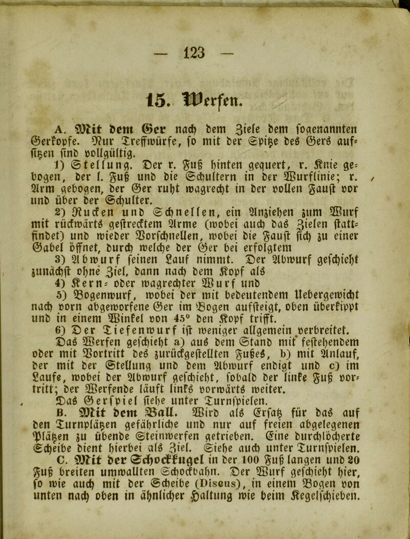 15* Wtvfen. A. 9)lit Öcm ©ct? nad) bem ^lele bem fo^cnannten ©crFopfe. 9?ur Xreffroürfe, fo mit ber ©pi^e beö @crö auf* n^en iinb poUgüftig. 1) (5 t et tune?. Der r. hinten gequert, r. Änie ge= bogen, ber t. unb bie 0cfcuitern in ber Sffiurflinie; r. 2trm gebogen, ber ©er ruht rpagred)t in ber PoUen gouft por unb über ber @d)u(ter. 2) (Kuefen unb ©chnelfen, ein 9Injicben sum SBurf mit rüefmärt^ geüreeftem 5Irme (mobei auch baö 3i^^^n itatt* finbet) unb mieber 3Sorfd)nelIen, »pobei bie ^aujt jich ju einer ©abel öffnet, burd) roefche ber ©er bei erfolgtem 3) 51 bmurf feinen Sauf nimmt. Der 5lbrpurf gefd)ieht iundcbfl ohne 3iel, bann nach bem Äopf alö 4) ^ern* ober magrechter SfBurf unb 5) 53ogemPurf, mobei ber mit bebeutenbem Itebergemicht nach porn cibgetporfene ©er im 'Bogen aufflcigt, oben überfippt unb in einem 3Binfcl pon 45 ben Äopf trifft. 6) Der Xiefenttjurfiff weniger allgemein,perbreitet. Daö 2Berfen gefchieht a) auö bem (5tanb mit’ feftehenbem ober mit SSortritt beö jurüefgeffeUten gubeö, b) mit 5lnlauf, ber mit ber Stellung unb bem 5lbrpurf enbigt unb c) im Saufe, wobei ber 5lbwurf gefchieht, fobalb ber linfe ^uf Por* tritt; ber Sffierfenbe läuft linFö porwärtö weiter. JDad ©erfpiel flehe unter Xurnfpielen. B. SDMt bem 35aU. 2Birb alö (Jrfah für baö auf ben Xurnplä^en gefährliche unb nur auf freien abgelegenen ^läi^en ju übenbe Steinwerfen getrieben. @ine burd)lbd)erte Scheibe bient hierbei alö 3*^1. Siehe auch unter Xurnfpielen. C. ber 0d)odbfuöcl in ber loo §uf langen unb 20 55ut breiten umwallten Schoefbahn. Der 3öurf gefchieht hi^r, fo wie auch niit ber Scheibe (Discus), in einem Bogen pon unten nach ^>ben in ähnlicher Haltung wie beim ^egelfchieben.