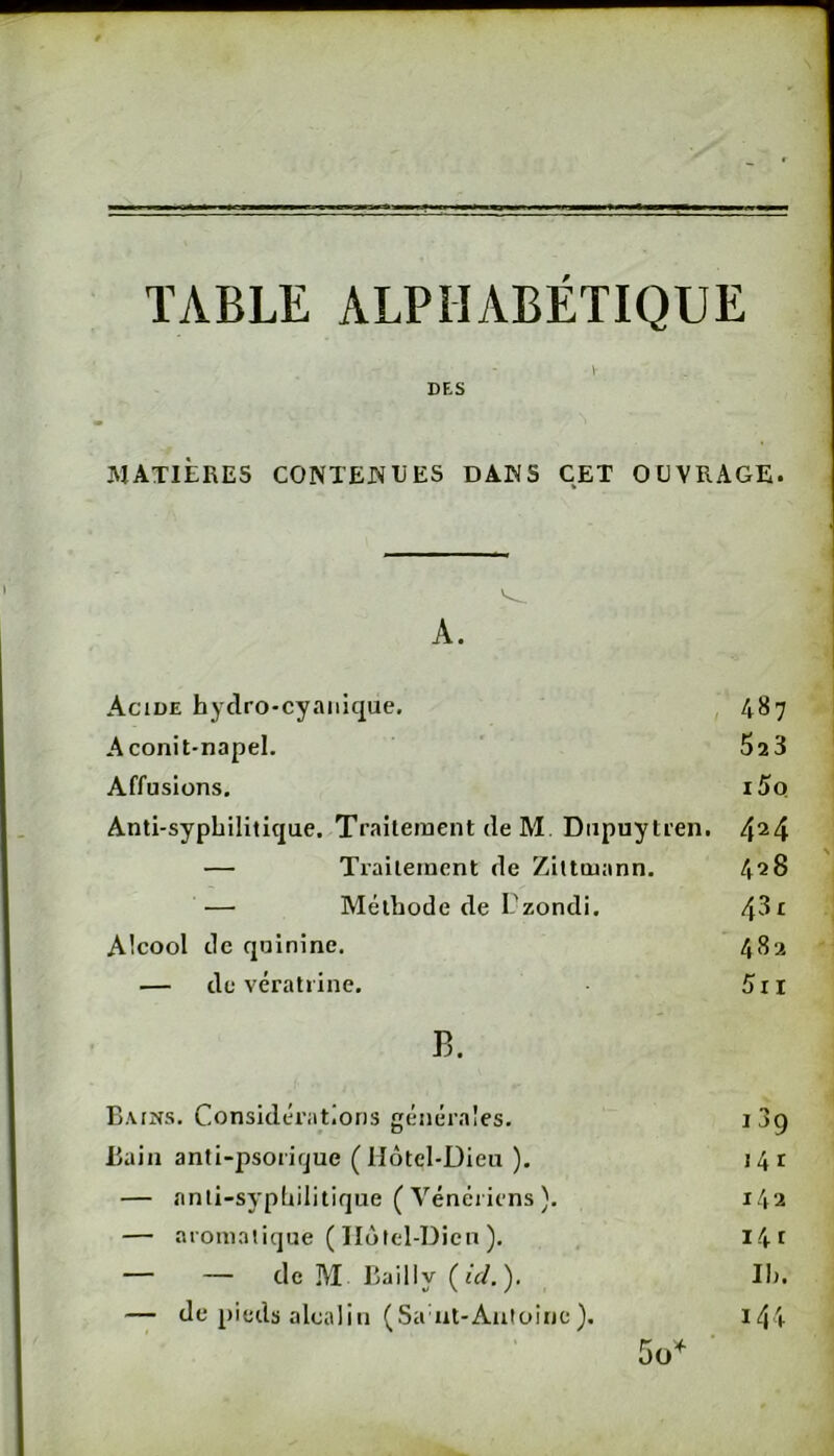 TABLE ALPHABETIQUE DES MATIÈRES COMEJXLES DANS CET OUVRAGE. A. Acide hydro-cyanique. Aconit-napel, Affusions. Anti-syphilitique. Traitement de M. Diipuytren. — Traitement de Zittmann. — Méthode de I-zondi. Alcool de quinine. — de vératrine. 487 523 i5q 424 428 43 £ 482 5i I B. Bains. Considérations générales. 189 Bain anti-psorique (Hôtel-Dieu ). 14 r — anti-syphilitique ( Vénériens ). 142 — aronialique ( IIôtel-Dicn ). l4i — — de M Bailly {ici.). Ih. — de pieds alcalin (Sa ut-Antoine). i44