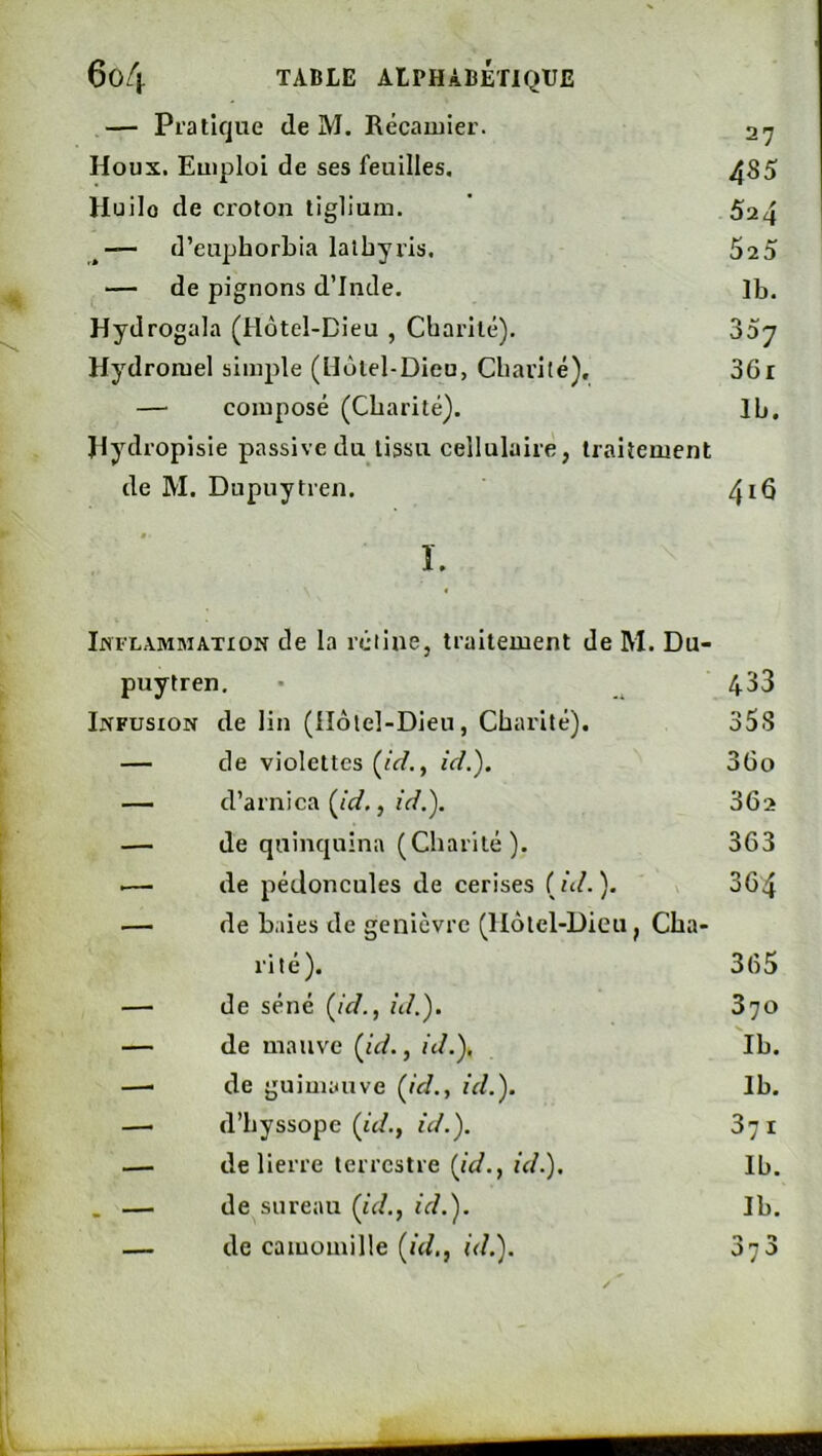 — Pratique de M. Récaïuier. 27 Houx. Emploi de ses feuilles, ^85 Huilo de croton tiglium. ’ 524 ^— (l’euphorbia lalbyris. 525 — de pignons d’Inde. Ib. Hydrogala (Hôtel-Dieu , Cbarilé), Soy Hydromel simple (Hôtel-Dieu, Cbarilé), 36r — composé (Cbarité). Ib. Hydropisie passive du tissu cellulaire, traitement de M. Dupuytren, 41Ô ï. Inflammation de la rétine, traitement de M. Du- puytren. 433 Infusion de lin (Hôtel-Dieu, Cbarilé). 35S — de violettes (iW., ici.). 3Go — d’arnica (Jd,, id,). 362 — de quinquina (Cbarilé). 363 i— de pédoncules de cerises ( id. ). v 364 — de baies de genièvre (Hôtel-Dieu, Cba- rité). 365 — de séné {id., id.). 370 — de mauve {id., id.). Ib. —' de guimauve {id., id.). Ib. — d’byssope {id., id.). 371 — de lierre terrestre {id., id.). Ib. . — de sureau {id., id.). Ib. — de camomille {id., id.). 375