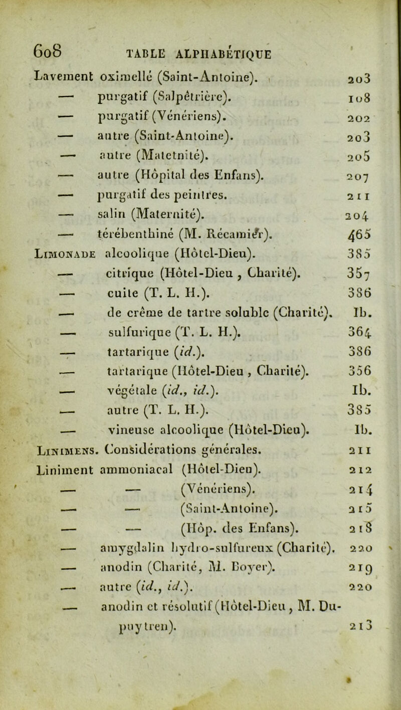 Lavement oximellé (Saint-Antoine). , 2o3 — purgatif (Salpétrière). io8 — purgatif (Vénériens). 202 — autre (Saint-Antoine). 2o3 — autre (Matctnilé). 2o5 __ autre (Hôpital des Enfans). 207 — purgatif des peintres. 2 I I —. salin (Maternité). 204 — térébenthiné (M. Récainitfr). 465 Limonaue alcoolique (Hôtel-Dieu). 385 — citrique (Hôtel-Dieu , Charité). 357 — cuite (T. L. H.). 386 .—• de crème de tartre soluble (Charité). Ib. — sulfurique (T. L. H.). 364 — tartarique (iW.). 386 ■— tartarique (Hôtel-Dieu , Charité). 356 — végétale {id., id.). Ib. — autre (T. L. H.). 385 — vineuse alcoolique (Hôtel-Dieu). Ib. Linimens. Considérations générales. 211 Liniment ammoniacal (Hôtel-Dieu). 212 ■— — (Vénériens). 214 —• — (Saint-Antoine). 215 — — (Hôp. des Enfans). 2 I 8 ■— amygdalin Iiydi o-sulfureux (Charité). 220 — anodin (Charité, M. Boyer). 219 .— autre {id., ôA). 220 — anodin et résolutif (Hôtel-Dieu , M. Du- pnylren). 2i3