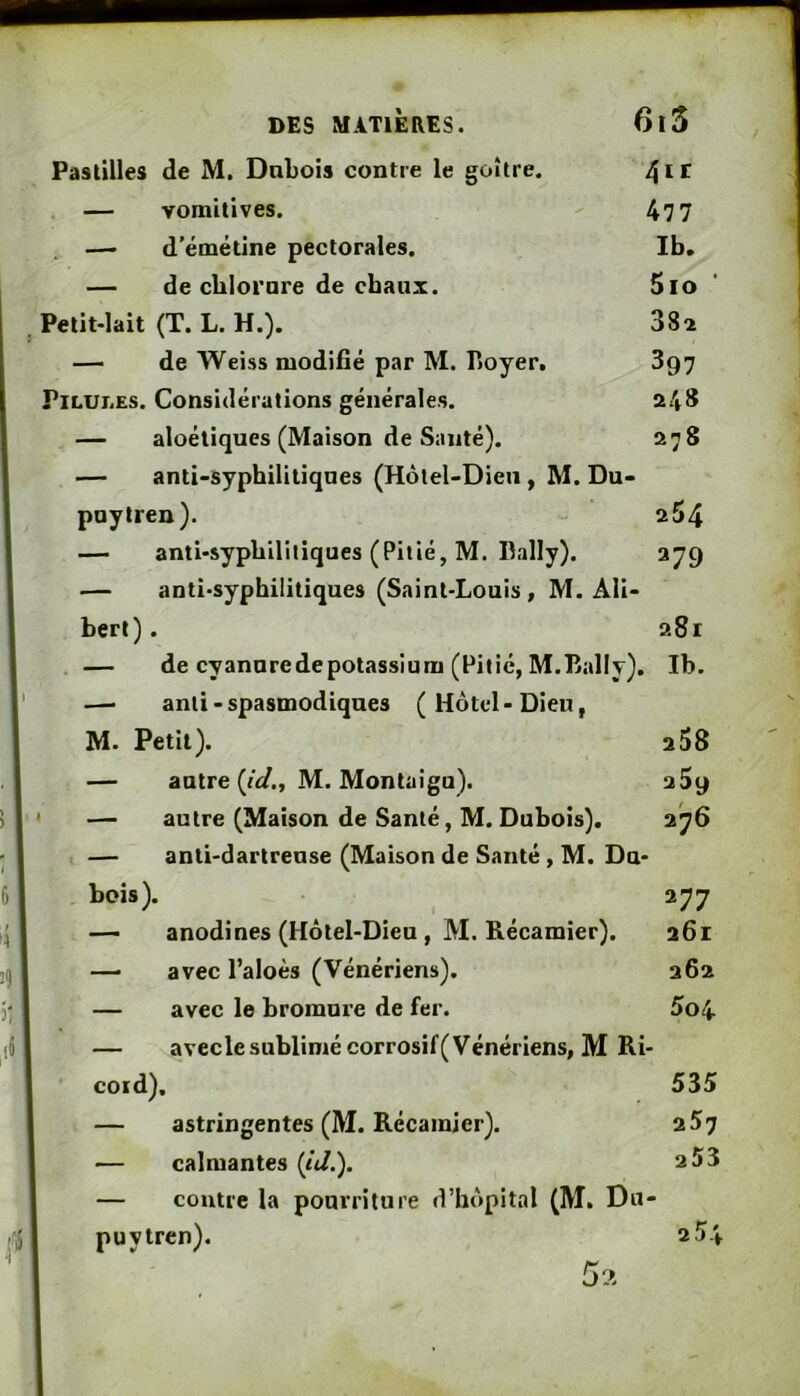 Pastilles de M. Dnbois contre le goitre. — vomitives. 47 7 —• d’émétine pectorales. Ib, — de cliloi’nre de cbanx. 5lo . Petit-lait (T. L. H.). 382 — de Weiss modifié par M. Eoyer. 897 Pilui.es. Considérations générales. 248 — aloéliques (Maison de Santé). 278 — anti-syphilitiques (Hôlel-Dien, M. Du- puytren). 254 — anti-sypbililiques (Pitié, M. Bally). 279 — antî-syphilitiques (Saint-Louis , M. Ali- bcrt) . 281 — de cyanuredepotasslum (Pitié, M.Bally). Ib. —• anii-spasmodiques (Hôtel-Dieu, M. Petit). 258 — autre (ii/., M. Montaigu). 2 5y —• autre (Maison de Santé, M.Dubois). 2^6 — anti-dartrense (Maison de Santé, M. Du- bois). 277 — anodines (Hôtel-Dieu , M. Récamier). 261 — avec l’aloès (Vénériens), 262 — avec le bromure de fer. 5o4 — avecle sublimé corrosif (Vénériens, M Ri- coid). 535 — astringentes (M. Récamier). 257 — calmantes (ft/.). 2 53 — contre la pourriture d’hôpital (M. Du- puytren). 2.54