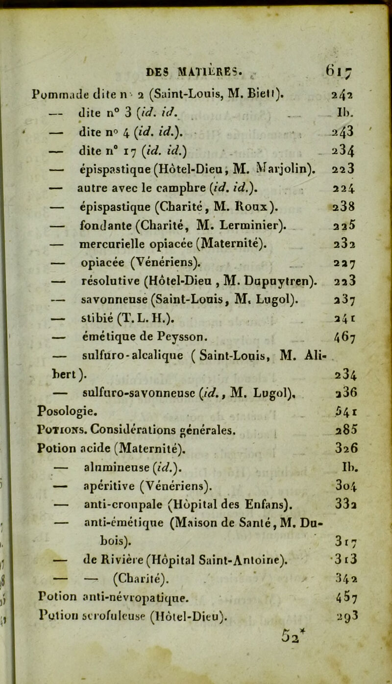 Pommade dite n ■ 2 (Saint-Louis, M. Bieti). 242 — dite n® 3 {id. id. . . II). — dite no 4 (id. id.). 2 43 ' — dite n® 17 (id. id.) 234 — épispastiqae (Hôtel-Dieui M. M^arjolin). 223 — autre avec le camphre (fW.224 — épispaslique (Charité, M. Houx). 238 — fondante (Charité, M. Lerminier). 225 — mercurielle opiacée (Maternité). 232 — opiacée (Vénériens). .. 227 — résolutive (Hôtel-Dieu , M. Dupuytren). 22 3 — savonneuse (Saint-Louis, M. Lugol). 287 — stibié(T.L.H.). 241 — émétique de Peysson. 467 — sulfuro-alcaliqiie (Saint-Louis, M. Ali- hcrt). 234 — sulfuro-savonneusc (/</., M. Lugol), u36 Posologie. 54 r Potions. Considérations générales. 285 Potion acide (Maternité). 326 — alumineuse (id.). Ih. — apéritive (Vénériens). 3o4 — anti-cronpale (Hôpital des Enfans). 332 — anti-cmétiqne (Maison de Santé, M. Du- bois). 317 — de Rivière (Hôpital Saint-Antoine). ’Sii — — (Charité). 842 Potion anti-névropatique. 4^7 Potion scrofuleuse (Hôtel-Dieu). 293