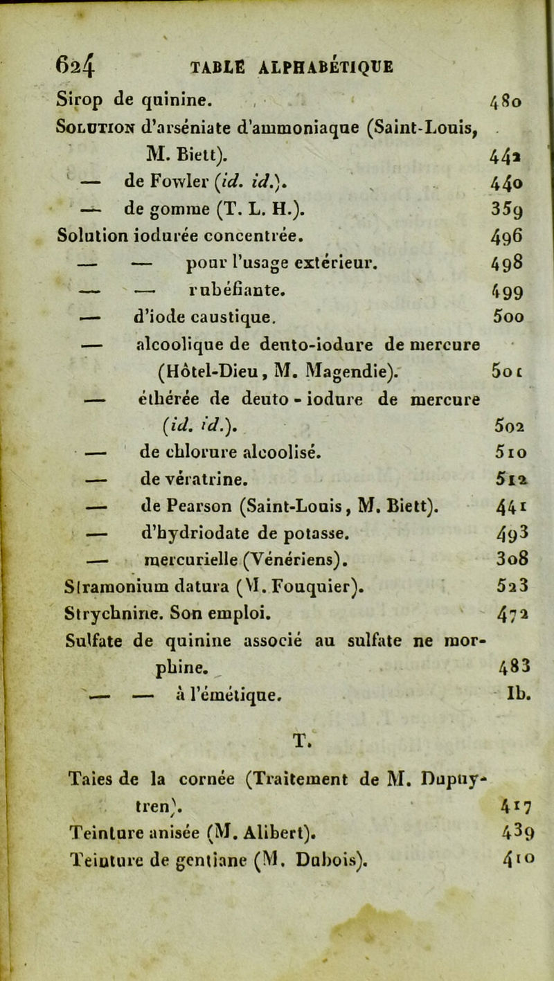 Sirop de quinine. 4S0 SoLOTiON d’arséniate d’ammoniaque (Saint-Louis, M. Bielt). 44» i de Fovvler (id. iW.). 440 ■ — de gomme (T. L. H.). 359 Solution iodurée concentrée. 496 — — pour l’usage extérieur. 498 — —• rubéfiante. 499 — d’iode caustique. 5oo — alcoolique de dento-iodure de mercure (Hôtel-Dieu, M. Magendie).' 5o i — élhérée de deuto - iodure de mercure (id. l'd.). 5o2 ■ — de chlorure alcoolisé. 5io — de véralrine. 5ia — de Pearson (Saint-Louis, M. Biett). 44i — d’hydriodate de potasse. 493 — mercurielle (Vénériens). 3 08 Slraraonium datura (VI. Fouquier). 5a3 Strychnine. Son emploi. 47» Sulfate de quinine associé au sulfate ne raor- phine. 483 — — à l’émétique. Ib. T. Taies de la cornée (Traitement de M. Dupiiy- tren^\ 4*7 Teinture anisée (M. Alibert). 4^9 Teiülure de gentiane (M. Dubois).