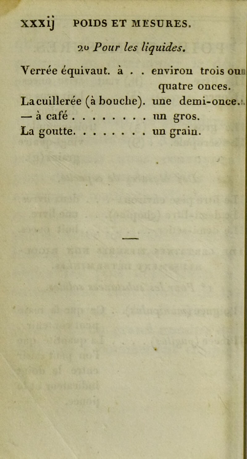 ?.o Pour les liquides. Verrée équivaut, à . . environ trois ouu quatre onces. Lacuillerée (à bouche), une demi-once. — à café un gros. La goutte un grain.