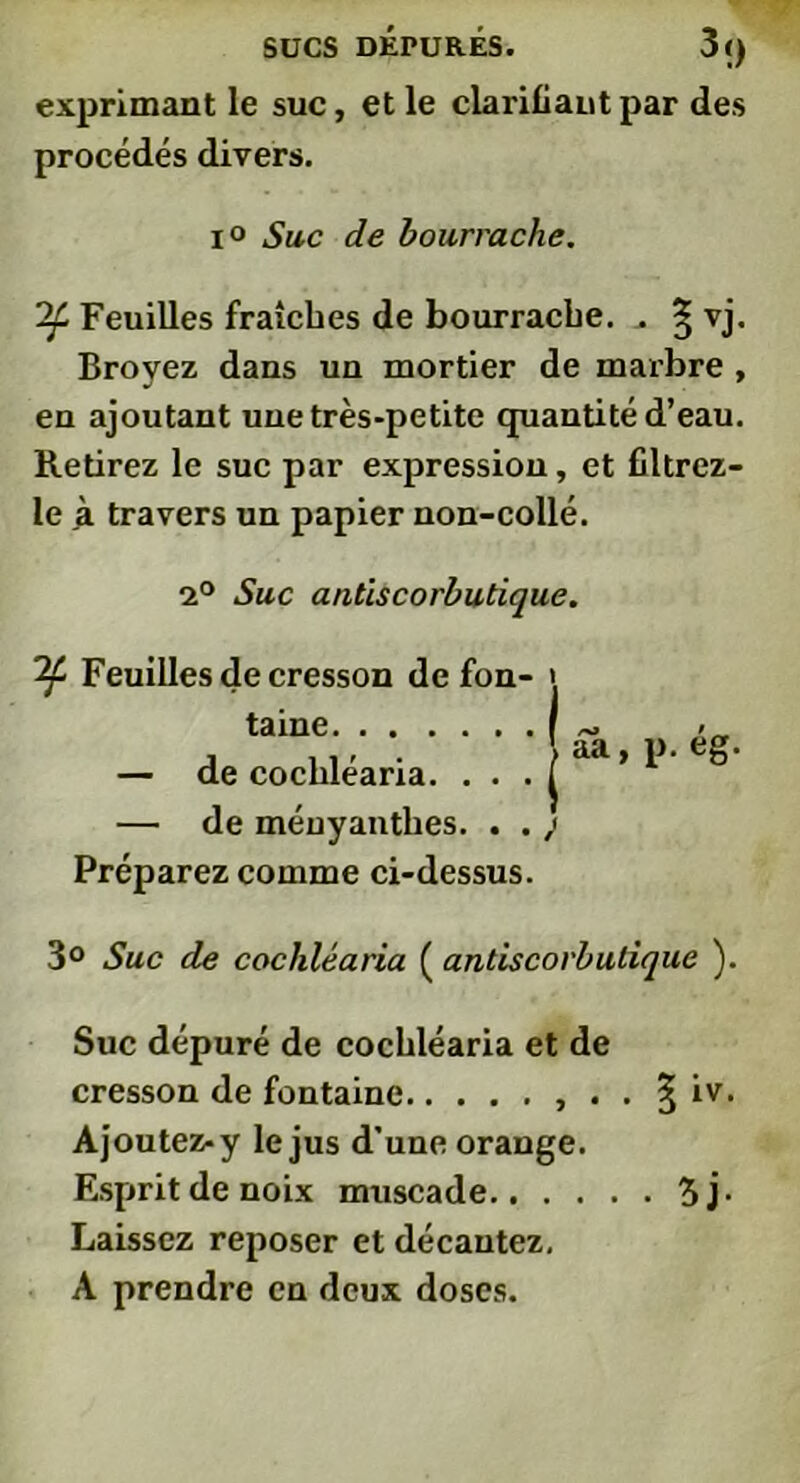 SUCS DÉPURÉS. 3«) exprimant le suc, et le clarifiant par des procédés divers. i° Suc de bourrache. 2f Feuilles fraîches de bourrache. ^ ^ vj. Broyez dans un mortier de marbre , en ajoutant une très-petite quantité d’eau. Retirez le suc par expression, et filtrez- le à travers un papier non-collé. 2° Suc antiscorbutique. 'if Feuilles de cresson de fon- > taine { — de cochléaria. . . . I — de ményanthes. . . ; Préparez comme ci-dessus. aa, p. ég. 3° Suc de cochléaria ( andscorbulique ). Suc dépuré de cochléaria et de cresson de fontaine , . . ^ iv. Ajoutez-y le jus d’une orange. Esprit de noix muscade 5j- Laissez reposer et décautez. A prendre en deux doses.