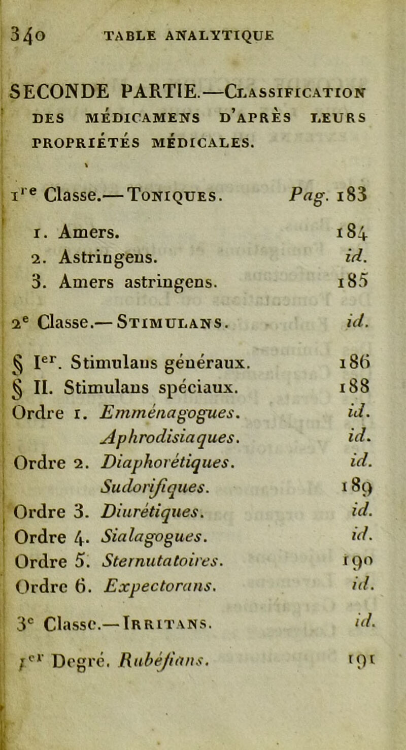 SECONDE PARTIE.—Classification DES MÉDICAMENS d’aTRES LEURS PROPRIÉTÉS MÉDICALES. i, e Classe.— Toniques. Pag. i83 i. Amers. 184 2. Astriugens. id. 3. Amers astriugens. i85 2e Classe.— Stimulans. id. § Ier. Stimulans généraux. 18(4 § II. Stimulans spéciaux. 188 Ordre i. Etnménagogues. id. Aphrodisiaques. id. Ordre 2. Diaphorétiques. id. Sudorifiques. 189 Ordre 3. Diurétiques. id. Ordre 4< Sialagogues. id. Ordre 5. Sternutatoires. 190 Ordre 6. Expectorons. id. 3e Classe.— Irritvns. id. jv1 Degré. Rubéfions. '9l