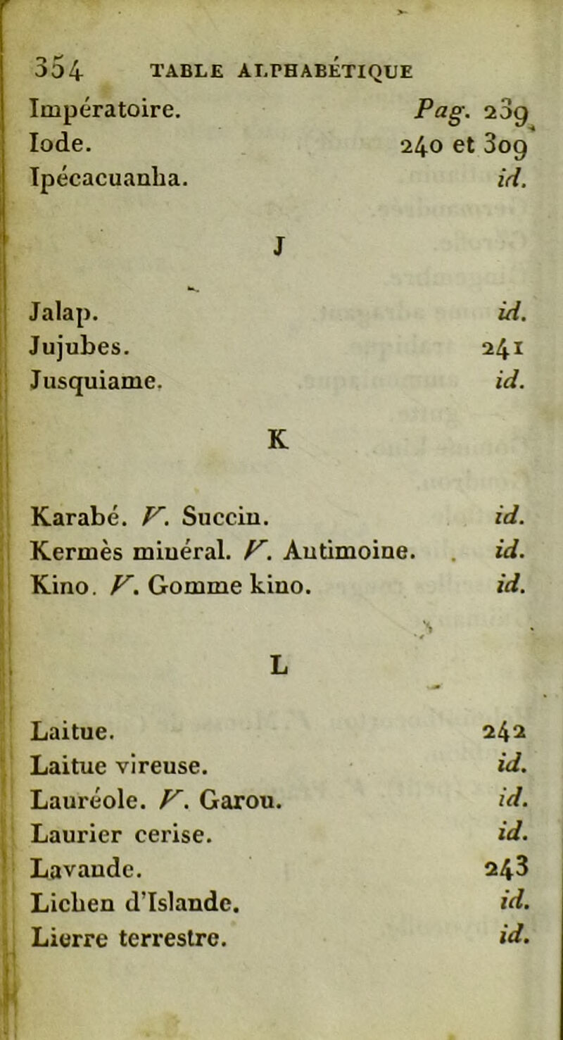 Impératoire. Pag. izg Iode. 240 et 809 Ipécacuanba. id. J Jalap. id. Jujubes. 241 Jusquiame. id. K Karabé. F. Succiu. id. Kermès miuéral. F. Autimoine. id. Kino. F. Gomme kiuo. id. L \ . Laitue. 242 Laitue vireuse. id. Lauréole. F. Garou. id. Laurier cerise. id. Lavande. 243 Lichen d’Islande. id. Lierre terrestre. id. I