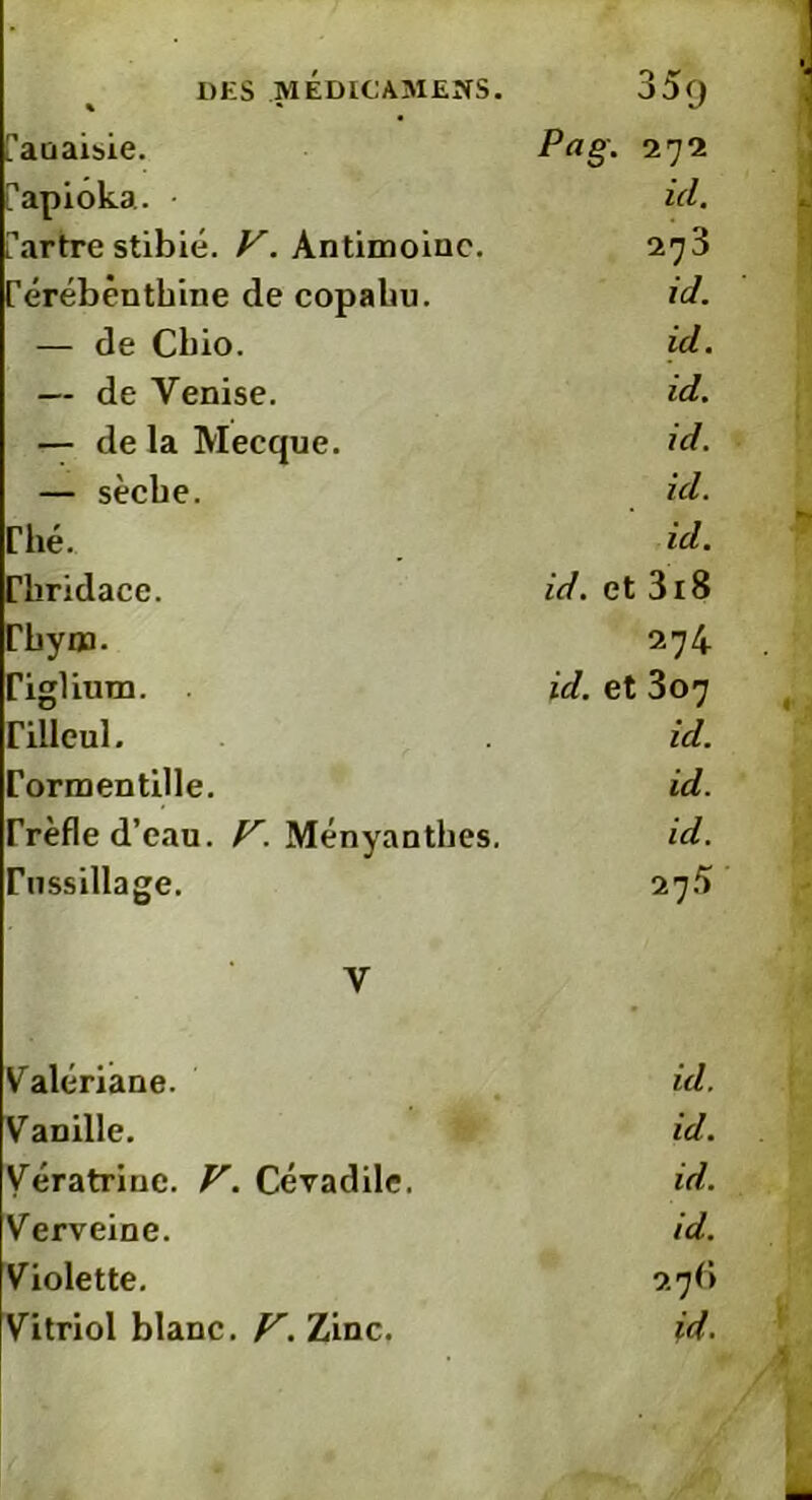 % * [’auaisie. Pag. 272 Tapioka. id. Tartre stibié. V. Antimoine. 273 Térébenthine de copabu. id. — de Cbio. id. — de Venise. id. — de la Mecque. id. — sèche. id. Thé. id. Thridace. id. et 318 Thym. 274 Tiglium. id. et 307 Tilleul - id. rormentille. id. Trèfle d’eau. F. Ményanthes. id. Tussillage. 27/ï V Valériane. id. Vanille. id. Vératriue. V. Cévadile. id. Verveine. id. Violette. 276