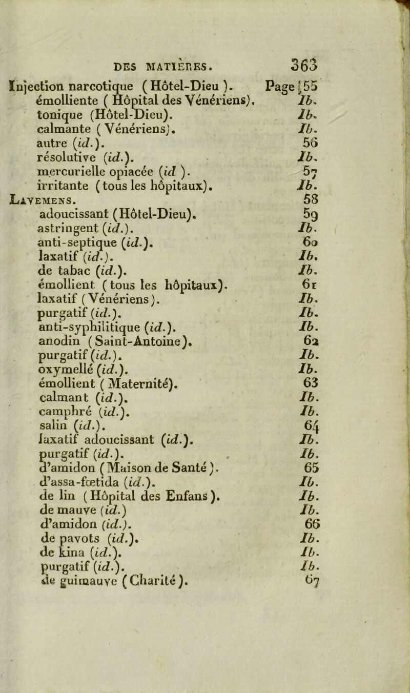 Injection narcotique (Hôtel-Dieu ). émolliente ( Hôpital des Vénériens), tonique (Hôtel-Dieu), calmante (Vénériens), autre (it/.). résolutive (id.). mercurielle opiacée (id ). irritante (tous les hôpitaux). Layemens. adoucissant (Hôtel-Dieu), astringent {id.). anti-septique {id.). laxatif (id.)' de tabac (id.). émollient ( tous les hôpitaux), laxatif (Vénériens), purgatif (id.). anti-syphilitique {id.). anodin ( Saint-Antoine), purgatif (id.). oxymellé (id.). émollient ( Maternité), calmant (id.). camphré (id.). salin (id.). laxatif adoucissant (id.). purgatif (id.). d’amidon (Maison de Santé). d’assa-fœtida (id.). de lin ( Hôpital des Enfans ). de mauve (id.) d’amidon (id.). de pavots (id.). de kina (id.). purgatif (id.). Ue guimauve (Lliante). Page [,55 Ib. Ib. Xb. 56 Xb. Xb. Xb. 6t Xb. Xb. Xb. 62 Xb. Xb. 63 Xb. Xb. Xb. 65 Xb. Xb. Xb. 66 Xb. Xb. Xb. 67