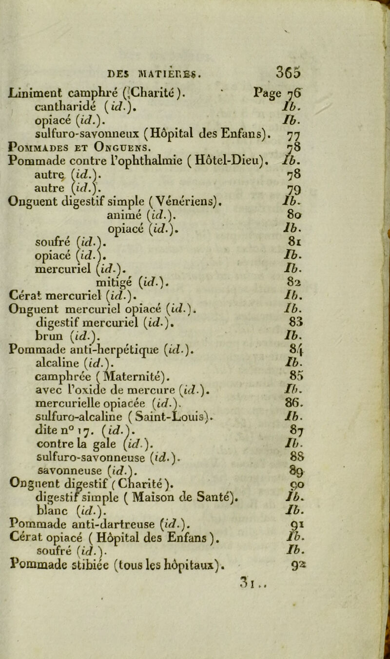 Page 76 Ib. Liniment camphi’é ({Charité), cantharide (td'.). opiacé (id.). /&. sulfuro-savonneux (Hôpital desEnfans). 77 Pommades et Onguens. 78 Pommade contre l’ophthalmie ( Hôtel-Dieu), Ib. autre (id.). 78 autre {id.). 79 Onguent digestif simple (Vénériens). Ib. animé (id.). 80 opiacé (id.). Ib. soufré (id.). 81 opiacé (id.). Ib. mercuriel (id.). Ib. mitigé (id.). 82 Cérat mercuriel (id.). Ib. Onguent mercuriel opiacé (id.). Ib. digestif mercuriel (id.). 83 brun (id.). Ib. Pommade anti-herpétique (id.). 84 alcaline {id.). Ib. camphrée (Maternité). 85 avec 1’ox.ide de mercure (id.). Ib. mercurielle opiacée (id.). 86. sulfuro-alcaline (Saint-Louis). Ib. dite n° 17. (id.). 87 contre la gale (id.). Ib. sulfuro-savonneuse (id.). 88 savonneuse (id.). 89 On gnent digestif (Charité). 90 digestif simple ( Maison de Santé). Ib. blanc (id.). Ib. Pommade anti-dartreuse (id.). 91 Cérat opiacé ( Hôpital des Enfans ). Ih. soufré (id.). Ib. Pommade stibiée (tous les hôpitaux). 9^ 31..