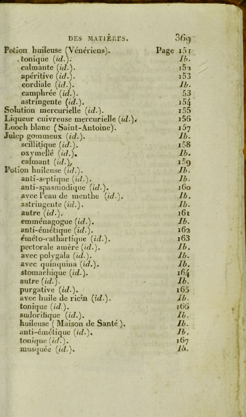 Potion huileuse (Vénériens), .tonique (ztZ.). calmante (id.). apéritive (iW.). cordiale (n/.), camphrée [id.). astringente (id.). Solution mercurielle [id.). Liqueur cuivreuse mercurielle [id.)* Looch blanc (Saint-Antoine). Julep gommeux [id.). scilÜtique [id.). oxymelJé [id.), calmant [id.\. Potion huileuse [id.). anti-septique [id.). anti-spasmodique [id.), avec l’eau de menthe [id.). astringente {id.). autre [id.). emménagogue [id.). anti-émétique [id.). cméto-rathaitique [id.). pectorale amère [id.). avec polygala [id.). avec quiiu|uina [id.). stomachique [id.). autre [id.). purgative [id.). avec huile de ricin [id.). tonique [id.). sudorifique [id.). huileuse ( Maison de Santé ). anti-émétique [id.). tonique [id.). musquée [id.). Page i5i Ih. 15a 153 Ib. 53 154 155 156 15? Ib. 158 Ih. 159 Ib. Ih. 160 Ib. Ih. 161 Ib. 162 J 63 Ih. Ib. Ib. 164 Ib. 163 ib. 16G Ih. ib. Ih. 167 ih.