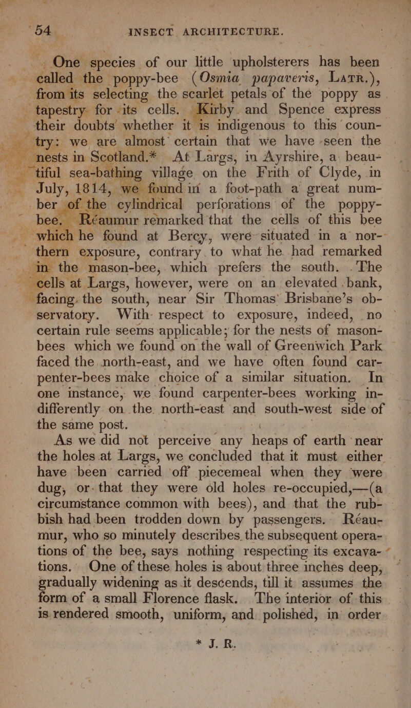 “« Ondi species of our little upholsterers has been — + Alle July, 1814, we found int a foot-path a great num- ‘Réaumur remarked that the cells of this bee th he found at Berey, were situated in a nor-- the mason-bee, which prefers the south. .'The servatory. With. respect to exposure, indeed, no certain rule seems applicable; for the nests of mason- bees which we found on the wall of Greenwich Park ~ faced the north-east, and we have often found car- penter-bees make choice of a similar situation. In one instance, we found carpenter-bees working in- differently on the. north-east and south-west side of the same post. 4 As we did not perceive any heaps of earth near the holes at Largs, we concluded that it must either have been carried ‘off piecemeal when they were dug, or-that they were old holes re-occupied,—(a circumstance common with bees), and that the rub- bish had been trodden down by passengers. Réau- mur, who so minutely describes. the subsequent opera- tions of the bee, says nothing respecting its excava- “ tions. One of these holes is about three inches deep, ~ gradually widening as it descends, till it assumes. the form of a small Florence flask. The interior of this is rendered smooth, uniform, and polished, in’ order * JR.