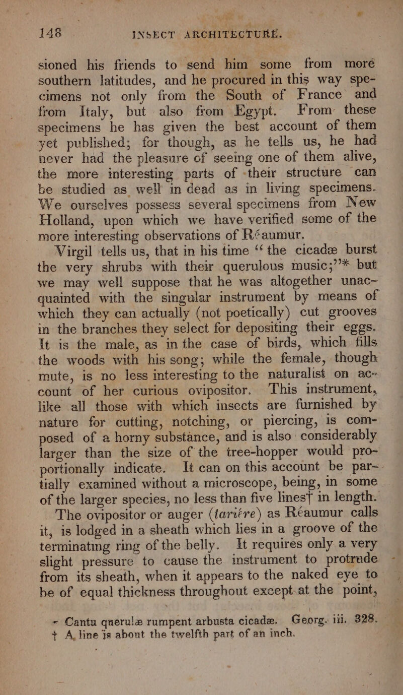 el 148 INSECT ARCHITECTURE, sioned his friends to send him some from more southern latitudes, and he procured in this way spe- cimens not only from the South of France and from Italy, but also from Egypt. From these specimens he has given the best account of them yet published; for though, as he tells us, he had never had the pleasure of seeing one of them alive, the more interesting parts of their structure can be studied as well in dead as in living specimens. We ourselves possess several specimens from New Holland, wpon which we have verified some of the _ more interesting observations of Réaumur. Virgil tells us, that in his time ‘the cicadee_ burst the very shrubs with their querulous music;’’* but we may well suppose that he was altogether unac~ quainted with the singular instrument by means of which they can actually (not poetically) cut grooves in the branches they select for depositing their eggs. It is the male, as inthe case of birds, which fills the woods with his song; while the female, though mute, is no less interesting to the naturalist on ac~ count of her curious ovipositor. This instrument, like all those with which insects are furnished by nature for cutting, notching, or piercing, is com- posed of a horny substance, and is also considerably larger than the size of the tree-hopper would pro- portionally indicate. It can on this account be par~- tially examined without a microscope, being, in some of the larger species, no less than five linesf in length. The ovipositor or auger (lariére) as Réaumur calls it, is lodged in a sheath which lies in a groove of the terminating ring of the belly. It requires only a very slight pressure to cause the instrument to protrede from its sheath, when it appears to the naked eye to be of equal thickness throughout except.at the point, - Cantu querule rumpent arbusta cicade. Georg. iii. 328. — + Aline js about the twelfth part of an inch.