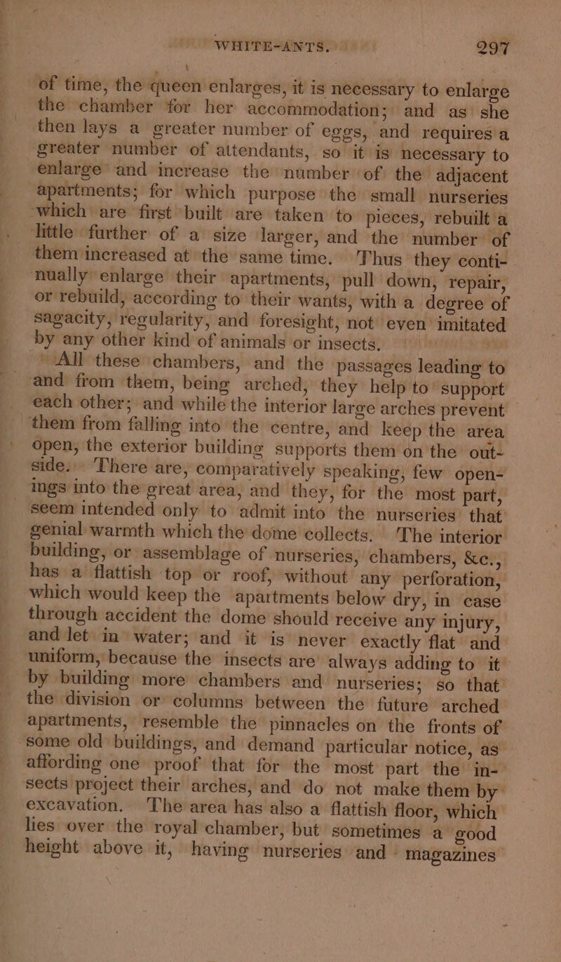 ‘of time, the queen enlarges, it is necessary to enlarge the chamber for her accommodation; and as’ she then lays a greater number of eggs, and requires a greater number of attendants, so it is necessary to enlarge’ and increase the number of) the’ adjacent apartments; for which purpose the small nurseries ‘which are first ‘built are taken to pieces, rebuilt 'a little further of a size larger, and the number. of them increased at the same time. Thus they conti- nually enlarge their apartments, pull down, repair, or rebuild, according to their wants, with a degree of Sagacity, regularity, and foresight, not even imitated by any other kind of animals or insects. ae ‘All these ‘chambers, and the passages leading to and from them, being arched, they help to’ support each other; and while the interior large arches prevent — them from falling into the centre, and keep the area open, the exterior building supports them on the out- side. There are, comparatively speaking, few open- ings into the great area, and they, for the most part, _ Seem intended only to admit into the nurseries’ that’ genial warmth which the dome collects, The interior building, or assemblage of nurseries, chambers, &amp;e., has a flattish top or roof, without any perforation, which would keep the apartments below dry, in case through accident the dome should receive any injury, and let in water; and it is never exactly flat and uniform, because the insects are’ always adding to it by building more chambers and nurseries; so that’ the division or columns between the future arched apartments, resemble the pinnacles on the fronts of some old buildings, and demand particular notice, as affording one proof that for the most part the in- sects project their arches, and do not make them by excavation. The area has also a flattish floor, which lies over the royal chamber, but sometimes a good height above it, having nurseries and - magazines |