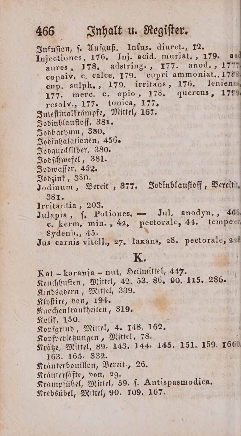 Snfufion, fe Yufguß. Infus. diuret., I2. Injectiones, 176. Inj. acid. muriat,, 179. aa aures, 178, adstring., I77. anod. ‘1777 copaiv. C. calce, 179. cupri ammoniat,, 17%8 cup. sulph, , 179. irritaus, 176. lenienns 177. merc. c. opio, 178. quercus, 1799 resolv., 177. tonica, 177, Suteftinalfränpfe, Mittel, 167. Sodinhlaufioff, 381. Sodbarhunt, 380, | Sodinhalationen, 456° | Sodquedfilber, 380. Sopdfehwefel, 381. Sodmwafler, 452. Sodzinf, 380. Jodinum, Bereit , 377. Sodinblauftoff , Bereitit, 38I. | Irritantia , 203. Julapia, f, Potiones. — Jul, anodyn., 446, ce. kerm. min. , 42, pectorale, 44. tempext Sydenh., 45. % Jus carnis vitell., 27. laxans, 28. pectorale, au8 K. Kat - karanja - nut, Heilmittel, 447. Keuchhuften, Mittel, 42, 53. 86. 90, 115. 286. | Sindsadern , Mittel, 339. | Klyfiire, von, 194. aut Knochenfranfheiten, 319 Kolif, 150. Kopfgrind, Mittel, 4. 148. 162. Kopfverlegungen, Mittel, 78. R Kräße, Mittel, 89. 143. 144 145. 151. 159. 1660 163. 165. 332. Kräuterbonillen, Bereit., 26, Kräuterfüfte, von, 29. Krampfübel, Mittel, 59. f. Antispasmodica, Krebsibel, Mittel, 90. T09. 167.