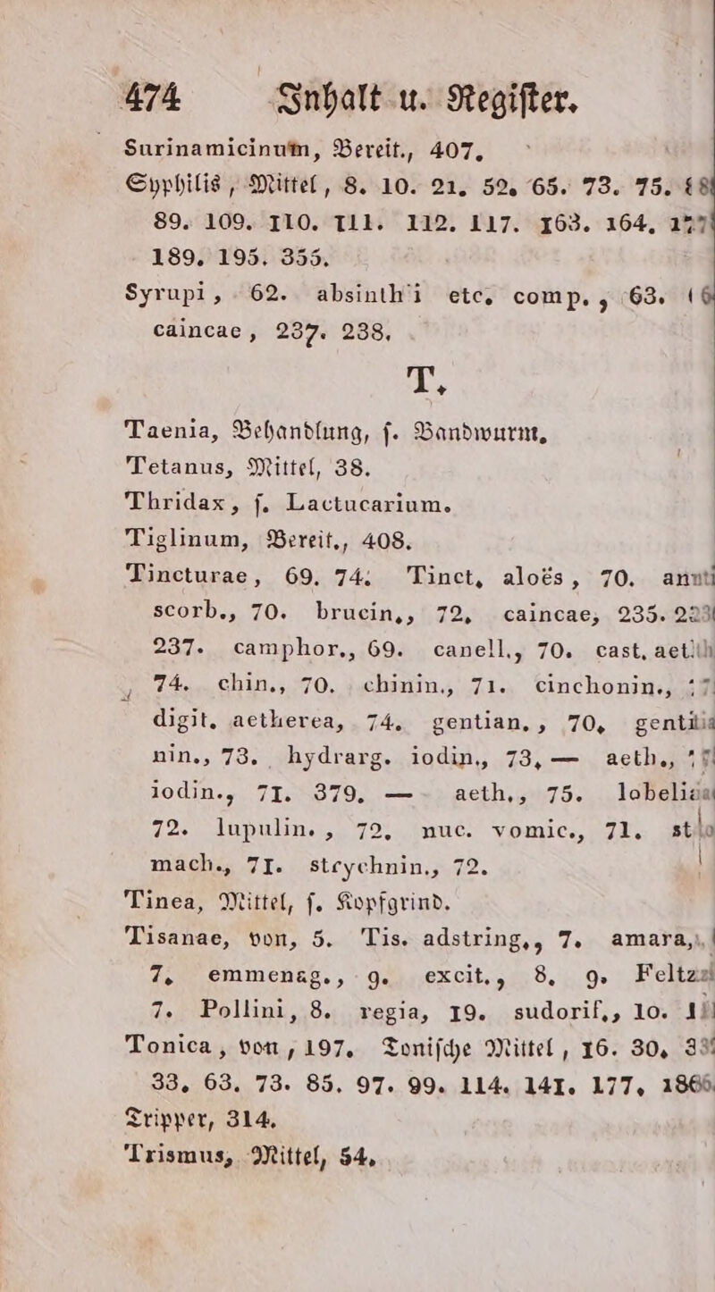 Surinamieinum, Bereit., 407, Syphilis , Mittel, 8. 10. 21. 5% 65. 73. 75. £8 89. 109. I10. Ill. 112. 117. 163. 164, ı1%7) 189. 195. 355. Syrupi, 62. absinth’i etc, comp. 5, 63. h caincae, 237. 238, | T, Taenia, Behandlung, f. Bandwurn, Tetanus, Mittel, 38. Thridax, j. Lactucarium, Tiglinum, Bereit,, 408. Tineturae, 69. 74: Tinct, alo&amp;s, 70. anıt scorb., 70. bruein,, 72, caincae, 235. 229 237. camphor,, 69. canell,, 70. cast, aetllh 74. chin., 70. ‚.chinin,, 71. Cinchonin,, ;7 digit, aetherea, 74. gentian,, 70, gentila nin., 73. hydrarg. iodin, 73,— aeth,, 7% iodin., 71. 379. —- aeth,, 75. lobeliaa 72. lupulin., 72, nuc. vomic,, 71, stila mach., 7I. steychnin., 72. | Tinea, Mittel, j. Kopfgrind. Tisanae, von, 5. Tis. adstring,, 7. amara,,| 7. emmensg.,:g9. excit, 8 9. Feltza 7. Pollini, 8. regia, 19. sudorif,, 10. 1) Tonica , von , 197, Tonifhe Mittel, 16. 30, 3% 33. 63. 73. 85. 97. 99. 114. 141. 177, 1866 Tripper, 314, Trismus, Mittel, 54,