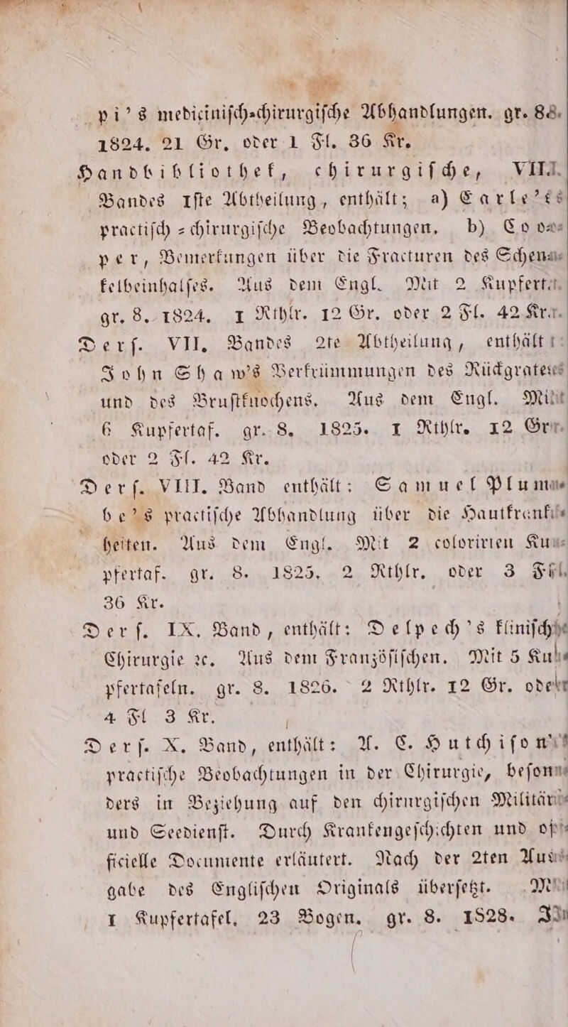 . oje pi’ medisinifhachirurgifche Abhandlungen. gr. 88: 1824. 21 Gr, over 1 Fl. 36 fr, | HSandkihbliothef, chirurgifde, VIE. Bandes Ifte Abtheilung, enthält, a) Earle?’ss practifch = chirurgifche Beobachtungen, b) Co om per, Brmerfangen über die Srasturen des Schema feibeinhalfes. Aus dem Engl Mit 2 Kupfertn gr, 8..1824. ı Rthlr. 12 Gr. oder 2 Fl. 42 Kr. Derf. VII Bandes 2te Abtherlung, enthält ı | Sohn Shaw Verfiimmungen des Rüdgratens und deg Bruftfuochens, Xus dem Engl, Mit 6 Kupfertaf. gr. 8. 1825... 1 Rthle, 12 Orm vder 2 31. 42 Kr. | Derf. VEIT. Band enthält: Sammel Plumm be” 8 prastifche Abhandlung über die Hautfrenkis heiten. Aus Dem Engl. Mit 2 coloririen Kun pfertaf. gr. 8 1825, 2 Rthlr. oder 3 hl 36 Sr. \ Derf. IX, Band, enthält: Delpedh's Flinifchhe Chirurgie 2c. Aus den Franzöfifchen. Mit 5 Kuln yfertafeln. gr. 8. 1826. 2 Rthr. 12 ©r. odeht +5 3 fr. Der. X. Band, enthält: U. &amp;. Huthifonit prastifihe Beobachtungen in der Chirurgie, befomm ders im Beziehung auf den dirnrgifchen Militänis und Seedienft. Durch Kranfengefigichten und op fieiele Documente erläutert. Nach der 2ten Yuvı gabe des Englifchen Originals überfegt. MU