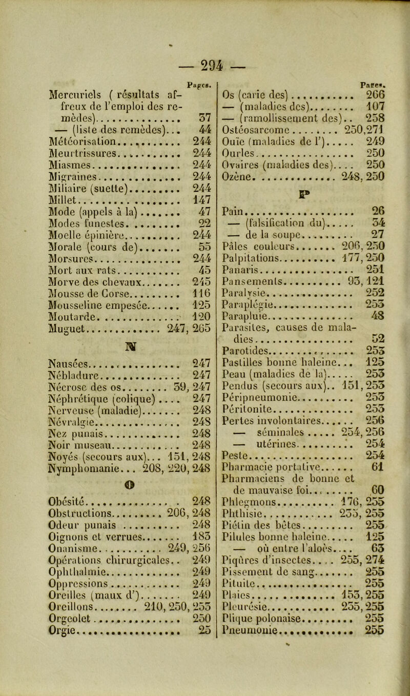 Papes. Mercuriels ( résultats af- freux de l’emploi des re- mèdes) 57 — (liste des remèdes)... 44 Météorisation 244 Meurtrissures.. 244 Miasmes 244 Migraines 244 Miliaire (suette) 244 Millet 147 Mode (appels à la) 47 Modes funestes 22 Moelle épinière 244 Morale (cours de) 55 Morsures 244 Mort aux rats 45 Morve des chevaux 245 Mousse de Corse 116 Mousseline empesée 125 Moutarde 120 Muguet 247, 265 na Nausées 247 Nébladure 247 Nécrose des os 59,247 Néphrétique (colique) .... 247 Nerveuse (maladie) 248 Névralgie.... 24S Nez punais 248 Noir museau 248 Noyés (secours aux)... 151, 248 Nymphomanie... 208, 220,248 © Obésité 248 Obstructions 206, 248 Odeur punais 248 Oignons et verrues 183 Onanisme 249, 256 Opérations chirurgicales.. 249 Ophlhalmie 249 Oppressions 249 Oreilles (maux d’) 249 Oreillons 210,250, 255 Orgeolet 250 Orgie 25 Paffe». Os (carie des) 266 — (maladies des) 107 — (ramollissement des).. 258 Ostéosarcome........ 250,271 Ouïe (maladies de 1’) 249 Ourles. 250 Ovaires (maladies des).. .. 250 Ozène 248,250 P Pain 26 — (falsification du) 54 — de la soupe 27 Pâles couleurs 206,250 Palpitations 177,250 Panaris 251 Pansements 93,121 Paralysie 252 Paraplégie 255 Parapluie 48 Parasites, causes de mala- dies 52 Parotides «, 253 Pastilles bonne haleine... 125 Peau (maladies de la) 253 Pendus (secours aux).. 151,253 Péripneumonie 253 Péritonite 255 Pertes involontaires 256 — séminales 254,256 — utérines .'. 254 Peste 254 Pharmacie portative 61 Pharmaciens de bonne et de mauvaise foi 60 Phlegmons 176,255 Phthisie 255, 255 Piélin des bêtes 255 Pilules bonne haleine 125 — où entre l’aloès.... 63 Piqûres d’insectes..,. 255, 274 Pissement de sang 255 Pituite 255 Plaies 155,255 Pleurésie 255,255 Pliquc polonaise 255 Pneumonie 255