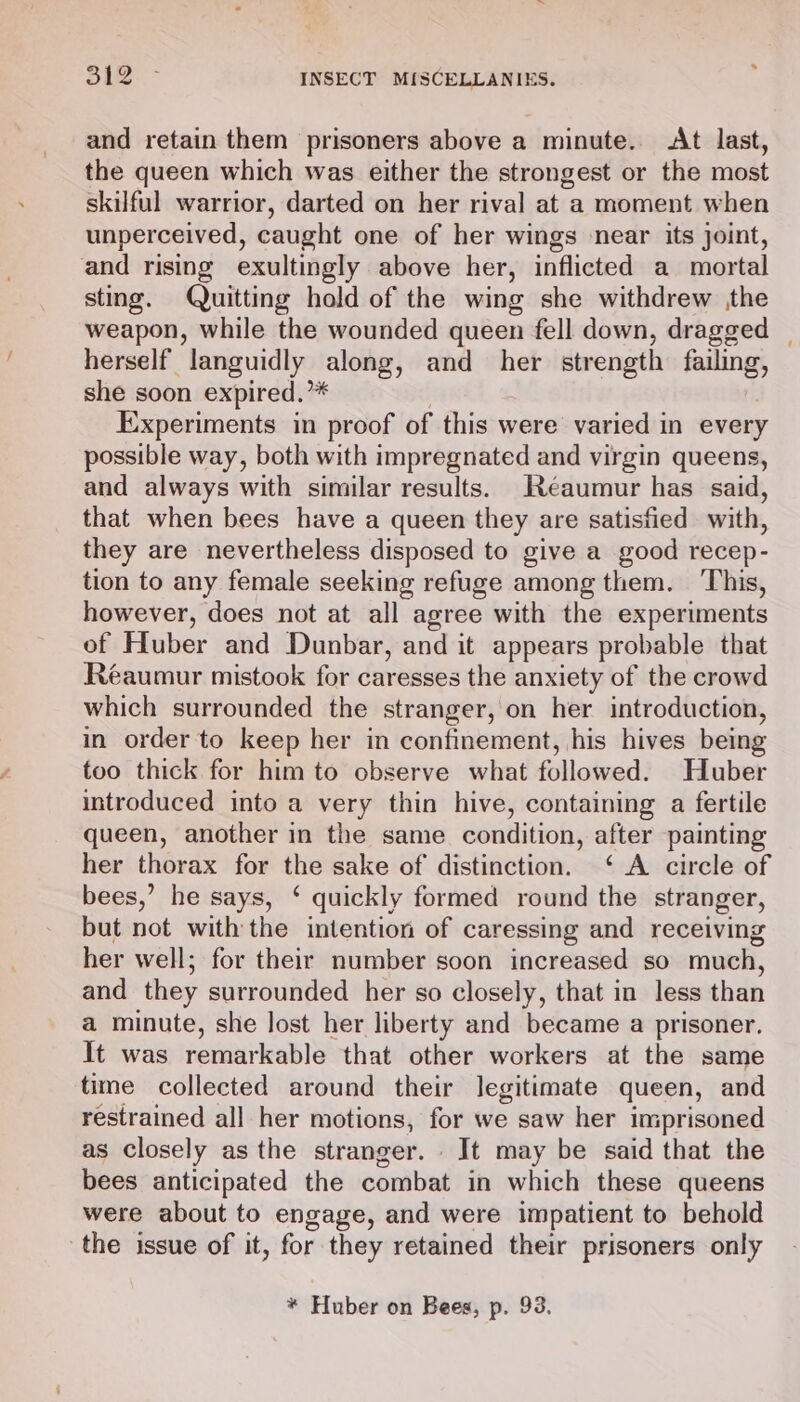 and retain them prisoners above a minute. At last, the queen which was either the strongest or the most skilful warrior, darted on her rival at a moment when unperceived, caught one of her wings near its joint, and rising exultingly above her, inflicted a mortal sting. Quitting hold of the wing she withdrew the weapon, while the wounded queen fell down, dragged _ herself languidly along, and her strength failing, she soon expired.”* Experiments in proof of this were varied in every possible way, both with impregnated and virgin queens, and always with similar results. Reaumur has said, that when bees have a queen they are satisfied with, they are nevertheless disposed to give a good recep- tion to any female seeking refuge among them. ‘This, however, does not at all agree with the experiments of Huber and Dunbar, and it appears probable that Réaumur mistook for caresses the anxiety of the crowd which surrounded the stranger, on her introduction, in order to keep her in confinement, his hives being too thick for him to observe what followed. Huber introduced into a very thin hive, containing a fertile queen, another in the same condition, after painting her thorax for the sake of distinction. ‘ A circle of bees,’ he says, ‘ quickly formed round the stranger, but not with the intention of caressing and receiving her well; for their number soon increased so much, and they surrounded her so closely, that in less than a minute, she lost her liberty and became a prisoner. It was remarkable that other workers at the same time collected around their legitimate queen, and restrained all her motions, for we saw her imprisoned as closely asthe stranger. It may be said that the bees anticipated the combat in which these queens were about to engage, and were impatient to behold the issue of it, for they retained their prisoners only