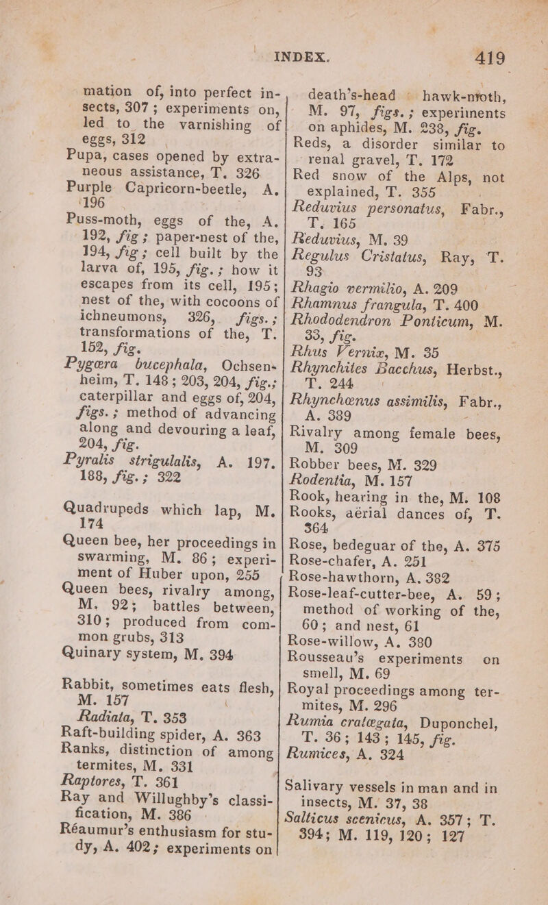 mation of, into perfect in- - Sects, 307; experiments on, led to the varnishing of eggs, 312°; *, Pupa, cases opened by extra- neous assistance, T. 326 Purple Capriecorn-beetle, A. 9G. Puss-moth, eggs of the, A. 192, fig ; paper-nest of the, 194, fig ; cell built by the larva of, 195, fig.; how it escapes from its cell, 195; nest of the, with cocoons of ichneumons, 326, figs. ; transformations of the, T. 152, fig. Pygera bucephala, Ochsen- heim, T. 148 ; 203, 204, fig.; caterpillar and eggs of, 204, figs. ; method of advancing along and devouring a leaf, 204, fig. Pyralis strigulalis, A. 19 188, fig. ; 322 yy fe Quadiupeds which lap, M. 174 Queen bee, her proceedings in swarming, M. 86; experi- ment of Huber upon, 255 Queen bees, rivalry among, M. 92; battles between, 310; produced from com- mon grubs, 313 Quinary system, M,. 394 Rabbit, sometimes eats flesh, M. 157 Radiata, T. 353 Raft-building spider, A. 363 Ranks, distinction of among termites, M. 331 Raptores, T. 361 Ray and Willughby’s classi- fication, M. 386 Réaumur’s enthusiasm for stu- dy, A. 402; experiments on 419 death’s-head © hawk-ntoth, M. 97, figs. ; experiments on aphides, M. 238, fig. Reds, a disorder similar to renal gravel, T. 172 Red snow of the Al explained, T. 355 Reduvius personatus, T.165 Reduvius, M. 39 Regulus Cristatus, Ray, ‘T. 93 ps, not Fabr., Rhagio vermilio, A. 209 Rhamnus frangula, T. 400. Rhododendron Ponticum, M. 33, fig. Rhus Vernix, M. 35 Rhynchites Bacchus, Herbst., T.244 i? Rhynchenus assimilis, Fabr., A. 389 Rivalry among female bees, M. 309 Robber bees, M. 329 Rodentia, M. 157 Rook, hearing in the, M. 108 Rooks, aérial dances of, T. 364 Rose, bedeguar of the, A. 375 Rose-chafer, A. 251 ; Rose-hawthorn, A. 382 Rose-leaf-cutter-bee, A. 59; method of working of the, 60; and nest, 61 Rose-willow, A. 380 Rousseau’s experiments smell, M. 69 Royal proceedings among ter- mites, M. 296 umia cralegata, Duponchel, T. 36; 143; 145, fig. Rumices, A. 324 on Salivary vessels in man and in insects, M. 37, 38 Salticus scenicus, A. 357; T. 394; M. 119, 120; 127