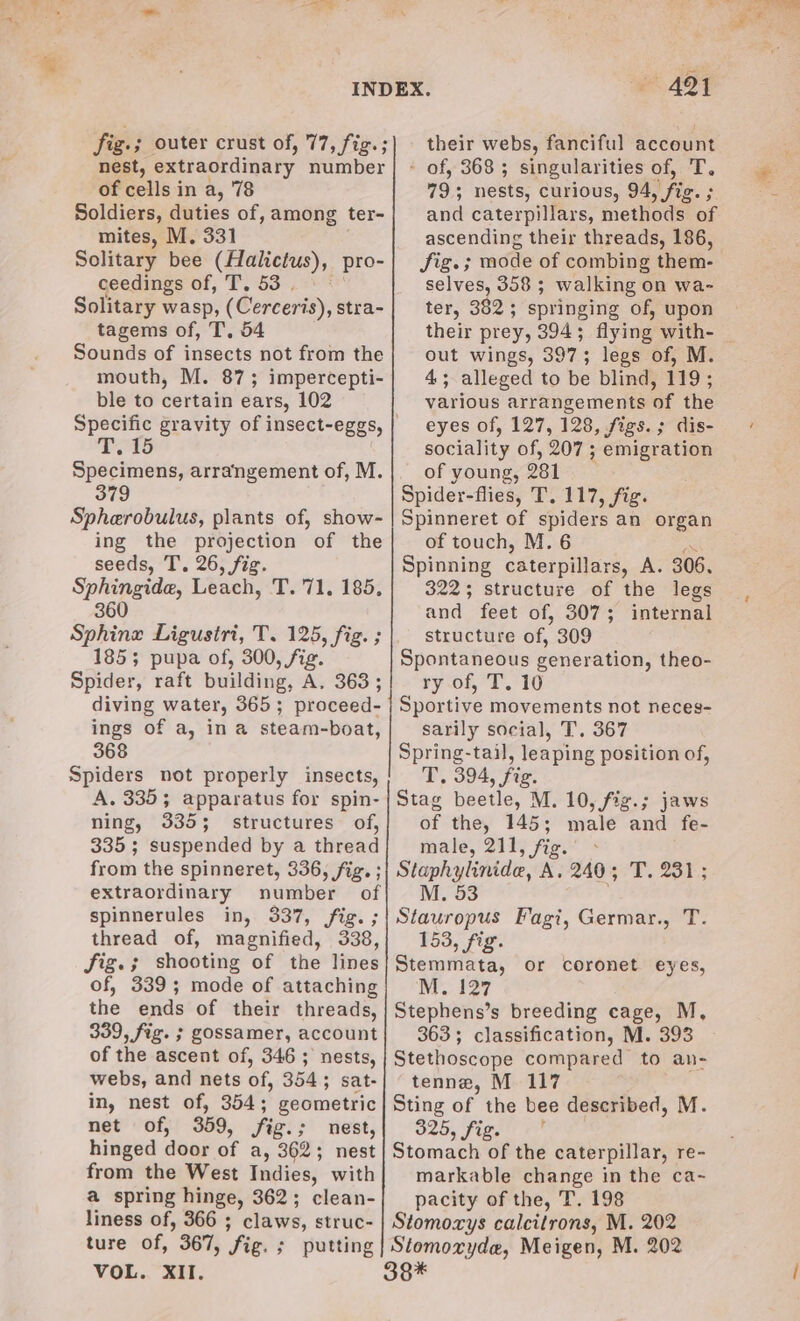 Pe | fig.; outer crust of, 77, fig.; nest, extraordinary number of cells in a, 78 Soldiers, duties of, among ter- mites, M. 331 Solitary bee (Halictus), pro- ceedings of, T, 53 | Solitary wasp, (Cerceris), stra- tagems of, T, 54 Sounds of insects not from the mouth, M. 87; impercepti- ble to certain ears, 102 Specimens, arrangement of, M. 379 Spherobulus, plants of, show- ing the projection of the seeds, T. 26, fig. Sphingide, Leach, T. 71. 185, 360 Sphinx Ligustri, T. 125, fig. ; 185; pupa of, 300, fig. Spider, raft building, A. 363; diving water, 365; proceed- ings of a, ina steam-boat, 368 Spiders not properly insects, A. 335; apparatus for spin- ning, 335; structures of, 335 ; suspended by a thread from the spinneret, 336, fig. ; extraordinary number of spinnerules in, 337, fig. ; thread of, magnified, 338, Sfig.; shooting of the lines of, 339; mode of attaching the ends of their threads, 339, fig. ; gossamer, account of the ascent of, 346 ; nests, webs, and nets of, 354; sat- in, nest of, B54 ; geometric net of, 359, Sig.; nest, hinged door of a, 362; nest from the West Indies, with a spring hinge, 362; clean- liness of, 366 ; claws, struc- ture of, 367, fig. ; putting VOL. XII. eee ee BS ht 421 their webs, fanciful account ss ' of, 368 ; singularities of, T. 79; ; hests, curious, 94 a fis. : ay and caterpillars, methods of ascending their threads, 186, Sig.; mode of combing them- selves, 358 ; walking on wa- ter. 382 ; ; Springing of, upon their prey, 394; flying with- out wings, 397; legs of, M. 4; alleged to be blind, 119; various arrangements of the eyes of, 127, 128, SigS. 5 dis- * sociality of, 207 ; emigration of young, 981 Spider-flies, T. 117, fig. Spinneret of spiders an organ of touch, M. 6 Spinning caterpillars, A. 306, 322; structure of the legs, and feet of, 307; internal structure of, 309 Spontaneous generation, theo- ry of, T. 10 Sportive movements not neces- sarily social, T. 367 Spring-tail, leaping position of, cA 394, fic. Stag beetle, M. 10, fig.; jaws of the, 145; male and fe- male, 211, fig. Stapha pd A. 240; T. Wi: M. 53 Stauropus Fagi, Germar., T. 153, fig. Stemmata, or coronet eyes, Ws ta? Stephens’s breeding cage, M, 363; classification, M. 393 Stethoscope compared to an- tenne, M 117 Sting of the bee described, M. 925, fig. ' Stomach of the caterpillar, re- markable change in the ca- pacity of the, T. 198 Stomoxys calcitrons, M. 202 Stomoxyde, Meigen, M. 202