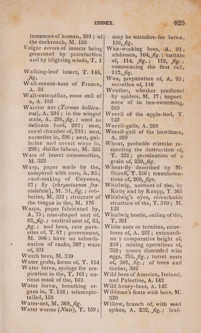 the cockroach, M. 153 Vulgar errors of insects being generated by: putrefaction _ and by blighting winds, T. 1 Walking-leaf insect, T. 144, Jig. Wall-mason-bees of France, A. 38 Wall-caterpillar, moss cell of a, A. 183 Warrior ant (Zermes bellico- sus), A. 291; in the winged state, A. 291, fig. ; used as delicate food, 292; nest, royal chamber of, 295; nest, nurseries in, 296 ; nest, gal- leries and covert ways in, 298; dislike labour, M. 353 Wars of insect communities, M. 322 Wasp, paper made by the, compared with ours, A. 85; card-making of Cayenne, 87; fly (chrysotoxum fas- ciolatum), M. 91, fig. ; rob- beries, M. 3313; structure of the tongue in the, M. 176 Wasps, paper fabricated by, A. 75; rose-shaped nest of, 82, fig. ; vertical nest of, 83, Jig. ; and bees, rare para- sites of, T.67; government, M. 306 ; have no subordi- nation of ranks, 307 ; wars of, 331 Watch bees, M. 330 Water grubs, forms of, T. 154 Water larva, syringe for res- piration in the, T, 161; cu- rious mask of the, 163 Water larve, breathing or- gans in, T. 156; telescopic- tailed, 158 Water-net, M. 369, fig. Water worms (ais), ie 10% 159, fig. Wax-working bees,. abdomen, 104, fig. of, 114, ‘Sie. FIO). fies; commencing the first cell, 117, fig. Wax, preparation of, A. 93; secretion of, 116 Weather, whether predicted ance of in bee- “Swern g 289 243 Weevil-galls, A. 388 Weevil-gail ‘of the hawthorn, A. 389 Wheat, probable mistake re- specting the destruction of, T. 231; germination of a grain of, 259, fig. Wheat- fly’ described by Mr Shireff, T..256; transforma- tions of, 260, jigs. Whirlwig, account of the, by Kirby and by Knapp, T. 368 Whirlwig’s eyes, remarkable structure of the, T. 370; M. 128 Whirlwig beetle, sailing of the, T. 381 White ants or termites, strue- tures of, A, 288; extraordi- nay comparative height of, 288; mining operations of, 289; queen distended with eggs, 295, fig.; turret nests of, 301, fig.; of trees and timber, 302 Wild bees of America, Ireland, and Palestine, A. 143 Wild honey-bees, A. 142 Wildman’s feats with bees, M. 320 Willow, branck of, with seed spikes, A, 232, fig.; leaf-