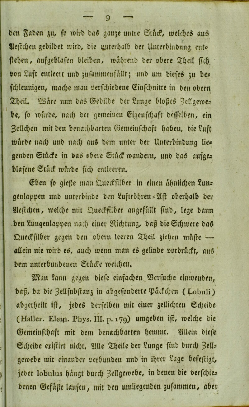 bcn ju, fo n>irb böö untre 0tiicf, wcifljcö 5Ie)tcI)fu gebilbet nrirb, bic i;uterbölb ber Umerbinbung ent«? fleben, nufgcblafen bleiben, \)?abrenb ber obere ^beü fid) »OR Suft entleert uub 5ufammenfallt; tmb um biefe^ ju bes fcbleuuigen, mnd;c mau berfd)icbenc ^infd)nitte in bcn obent StbclL 5©are mm ba^ 0ebilte ber Simgc blo0C!f^ Bcltgemci be, fo m'irbe, nad) ber gemeinen §igenfcbaft beflelbeu, ein Jcltcben mit ben benad)bavten diemeinfdmft b^ibcu, bic ?uft würbe nad) unb nach au§ bem unter ber Unterbinbung lie« genben @tücfc in ba» obere 6tu(f wanbern, uub baö aufge^ blafene 0tucf wArbe fid) cntlecrem ^ben fo giege man C2uecffilber in einen ?uus genlöy'pcn unb unterbiube ben J^uftrobren = 3t(I oberhalb ber Slegcben, weld;e mit D.uedfilber angefudt ftnb, lege bann ben Simgenlappen nad) einer Sfliebtung, bag bie@d;were ba6 O.ueeffüber gegen ben obern leeren Sbcil jicben muflc — allein nie wirb e^, öud) wenn man gelinbe »orbrueft, auö ' bem unterbiuibenen 0tucfc weidjeiu 9}?an fann gegen biefe einfad)en 55crfud)e einwenbeiT; bag, ba bie JeUfubganj in abgefonberte ^äcfd;en (Lobuli) abgctbcilt ifi, jebeö berfclben mit einer 3cUid)ten ©d;eibe (Haller. Eleip. Phys. III. p. 179) umgeben ifi, welche bie ©emeinfebaft mit bem bcnad)barten hemmt. 5Ulein biefe 0d}cibe ei*igirt nicht» 5llle her Sunge füib burcl) Seils gewebe mit cinanber oerbunben unb in ihrer Sage befegigt, icber lobulus hangt buvch S^dgewebe, in benen bie berfdjies i benen ©efagc laufen, mit ben umliegenben jufammen/ aber