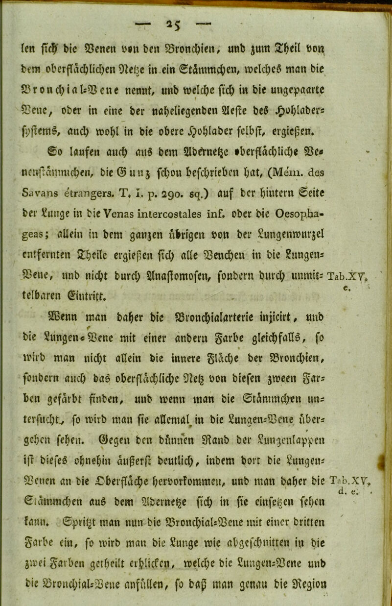 — as- ten bic 55enen bcn 33rond^len, unb jum ^^eil bo« bem oberf{äcbIid)cn 9le(3c in.ein 0t5mmc()cn, weldjcö mön bie S3rond>ials5öcne nennt «nb weld)c ftc& in bie un^e^aarte I 5?enc, ober in eine ber nafjeliegenben 3Ie(lc M J^oblabers f^jtem^, nud) wobl in bie obere Jpoblaber fclb(T, ergießen. ©0 laufen aurb rtit§ bem Slb^ne^c tberflacblicbe 53ee ncnftaumKbeiv bie^uuj fd)on befd)riebcn bat (Mein, des Savans etrangers. T* I. p. 290. sq.) auf bct bintcrn ©eite ber i*ungc in bie Venas intercostales inf. Ober bie Oesopha- geas; allein in bem ganjen iibrigen bon ber Sungenmur^el entfernten Jlb^ile ergiepen ftd; alle 93encbcu in bic SJungen? jBene, unb nicht burd; 5lnajfomofeit fonbern burch «ntnit^ Tab.X7. telbaren ©intvitt SBenn man ba^er bie SSronchialarterie injicirt/ unb f bie Sungenc^ene mit einer anbern garbe gleidj)faG^, fo mirb man nid;t allein bic innere glad)e ber 25rond)ien, fonbern auch baö oberflad;lid;e 9]e§ bon biefen jmeen gar^ ben gefärbt ftnben, unb menn man bie ©tdmmd;tn uns terfiid)U fo tt-ivb man fte aHemalJn bie Sungen=^cne uber^ I geben feben. Oegen bcn bunnen 3Ranb ber Sun3enlflp^‘'cu ifl biefeä oboebin dugerfc beutlid), inbem bort bic Smtgen^ 9?cnen an bie ;Cberfldche beroorfommeii/ unb man baber bie T/o.xv ci. e. ©tdmmdjen au6 bem ^Iberne^e ftd) in fte einfegen febcu famn ©prit^t man nun bic 25roncbials53cne mit einer britten garbe ein, fo mirb man bie 2unge mie al)gefd)nitten in bie jmei garben gctbeilt erblicfcn, toeld;e bie Simgens93enc unb bie 23rond;iaU^ene anfiillen, fo bap man genau bie 9\egion
