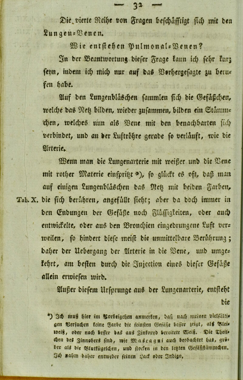 ~ 3^ — Jt)ic,t)ierte uon gragcn befc^jafftigt ftc^ mit b<n SungcitsQ^encn* 5Bie cntflegctt ^uImonrtUS5enen? Sn ber SSeantmortung tiefer grßge faim id) fc^r furj fei;n, inbem id; mic^ nur auf bö0 ^tr^ergefaßte su beruf feil (}ahe. 2luf ben Sungenbla^d&en fammlen fic^ bie 0efa0c^n, mclcbe baö 9le^ bilben, mieber jufammen, bilben ein ©tammc 'd;en, meldjcö nun alö 55ene mit ben benachbarten fid; tjerbinbet/ unb an ber Suftrbhre gerate fo verlauft, trie bie Slrterie» 5©enn man bie Sungenarterie mit meigcr unb bie ^ene mit rother fOZaterie einfprifet»)^ fo glucft e^ ofr^ tag man auf einigen Sungenblaöchen ba6 Ütc^ mit beiten garbeiv Tab.X. bie fich berühren, angefuüt aber ba bod; immer in ben (Jnbungen ber ©efäge nod) gluflfigteiten, ober auch ' entttjicfelte, ober auö ben 25rond;ien eiugebruugene ?uft ven meilen, fo binbert tiefe mei(! bie unmittelbare SSeruhrung; baher ber Uebergang ber Slrterie in bie 33ene, unb umge« fehrt, am begen burd; bie Snicction eiueö tiefer ©efage allein ermiefen mirb* Singer tiefem llrfprmtge au6 ber Sungenarterie, entgeht bie 3<b litug 5«ee ^Joi’teiäcßcn AHmevfett/ baß »acO mciiifn oielfälfi* öe» tJerfutöen feine Savbe tic feinjfen (Sefäße bciT<v «K weig, obev nodß teflrei* auÄ Sinfovnti bereitete 9Ucig. S5ie Xöctf» cöeii ifj Sinnottei'^ Hni/ i9ie ©la^cagwt aud) teobad&tct Oal# gvÄ« fev aliJ bie ?8lutfü0el(i)eii, unb in ten lebten ®cfÄßfliümnic&cn* S<0 ürtßm bafKi: entivebcv feinen iJaif ptev Snbijo, if