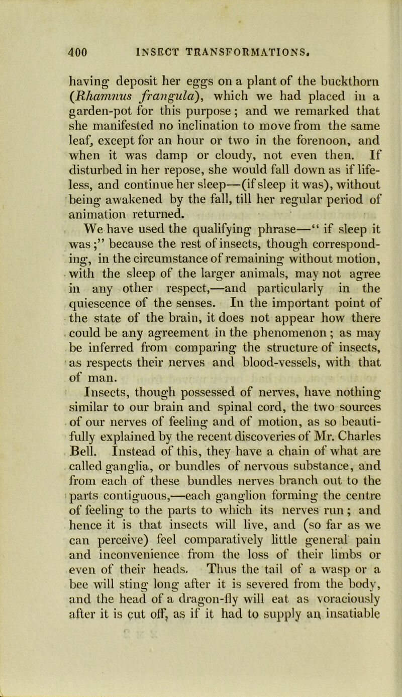 having deposit her eggs on a plant of the buckthorn {Rhamnus frangula')^ which we had placed in a garden-pot for this purpose; and we remarked that she manifested no inclination to move from the same leafj except for an hour or two in the forenoon, and when it was damp or cloudy, not even then. If disturbed in her repose, she would fall down as if life- less, and continue her sleep—(if sleep it was), without being awakened by the fall, till her regular period of animation returned. We have used the qualifying phrase—“ if sleep it was because the rest of insects, though correspond- ing, in the circumstance of remaining without motion, with the sleep of the larger animals, may not agree in any other respect,—and particularly in the quiescence of the senses. In the important point of the state of the brain, it does not appear how there could be any agreement in the phenomenon ; as may be inferred from comparing the structure of insects, as respects their nerves and blood-vessels, with that of man. Insects, though possessed of nerves, have nothing similar to our brain and spinal cord, the two sources of our nerves of feeling and of motion, as so beauti- fully explained by the recent discoveries of Mr. Charles Bell. Instead of this, they have a chain of what are called ganglia, or bundles of nervous substance, and from each of these bundles nerves branch out to the parts contiguous,—each ganglion forming the centre of feeling to the parts to which its nerves run ; and hence it is that insects will live, and (so far as we can perceive) feel comparatively little general pain and inconvenience from the loss of their limbs or even of their heads. Thus the tail of a wasp or a bee will sting long after it is severed from the body, and the head of a dragon-fly will eat as voraciously after it is cut off, as if it had to supply an, insatiable