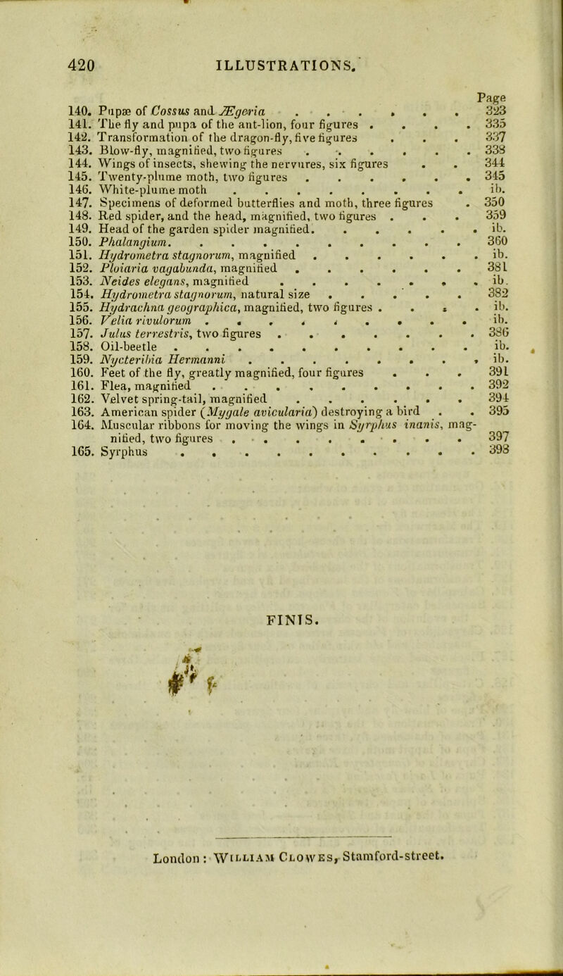 140. Pupae of Cossus and JEg&ria . . . . 141. The fly and pupa of the ant-lion, four figures . 142. Transformation of the dragon-fly, five figures 143. Blow-fly, magnified, two figures 144. Wings of insects, shewing the nervures, si.x figures 145. Twenty-plume moth, two figures ..... 146. White-plume moth ....... 147. Specimens of deformed butterflies and moth, three figures 148. Red spider, and the head, magnified, two figures . 149. Head of the garden spider magnified. • . . . 150. Phalangium. ........ 151. Hydrometra stagnorum, magnified . . . . . 152. Floiaria vagalunda, magnified ..... 153. Neides elegans, magnified ...... 154. Hydrometra stagnorum, ivdtnTal size . . . . 155. Hydrachna geoyraphica, magnified, two figures . . , 156. Velia rivulorum ........ 157. Jutus terrestris, two figures ...... 158. Oil-beetle ......... 159. Nycterihia Hermanni ....... 160. Feet of the fly, greatly magnified, four figures 161. Flea, magnified ........ 162. Velvet spring-tail, magnified ..... 163. American spider (^Mygale avicularia) destroying a bird 164. Muscular ribbons for moving the wings in Syrphus inanis, nified, two figures . . . . . . 165. Syrphus . mag- Page 323 335 337 338 344 345 ib. 350 359 . ib. 360 . ib. 381 . ib. 382 . ib. il). , 386 ib. . ib. 391 , 392 394 . 395 397 398 FINIS. London ; Clowes, Stamford-street.