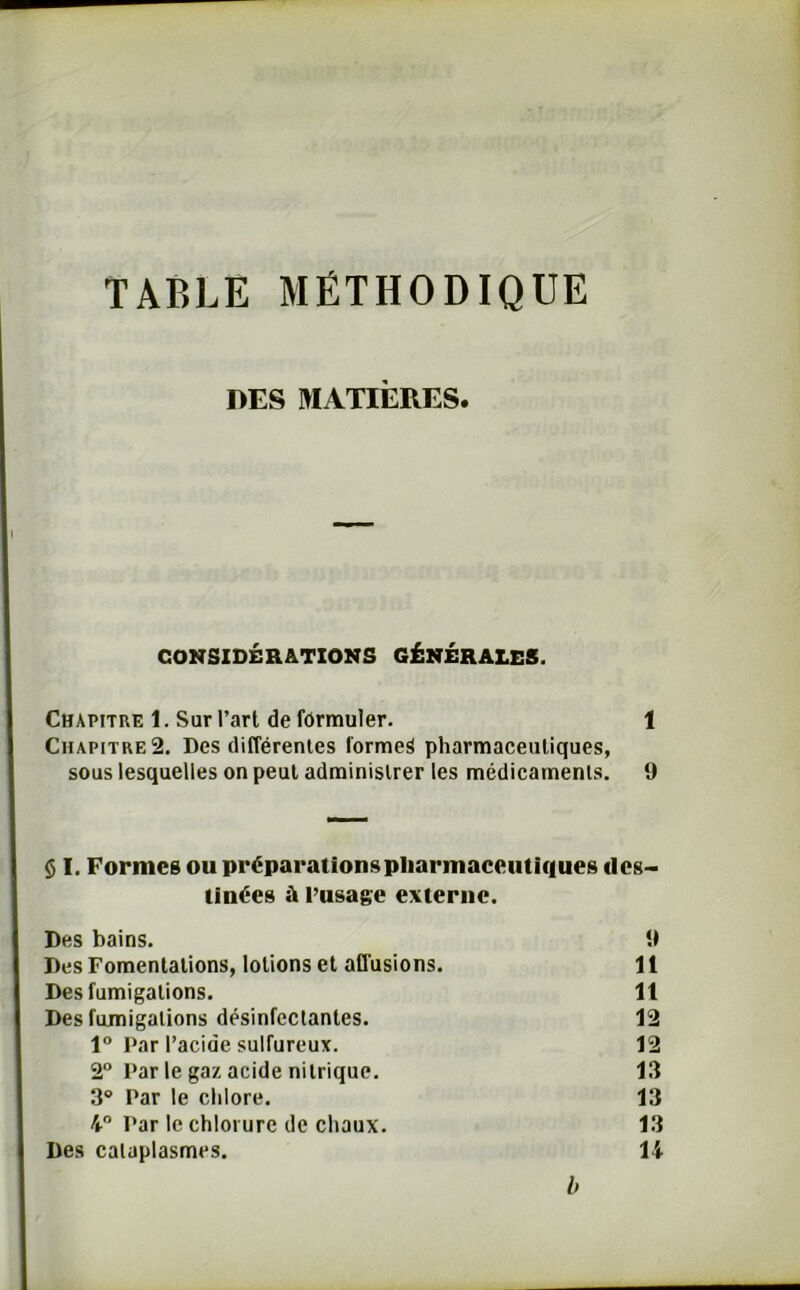 TABLE MÉTHODIQUE DES MATIÈRES. CONSIDÉRATIONS GÉNÉRALES. Chapitre 1. Sur l’arl de formuler. 1 Chapitre 2. Des différentes formes pharmaceutiques, sous lesquelles on peut administrer les médicaments. 9 § I. Formes ou préparations pharmaceutiques des- tinées à l’usage externe. Des bains. » Des Fomentations, lotions et affusions. 11 Des fumigations. 11 Des fumigations désinfectantes. 12 1° Par l’acide sulfureux. 12 2° Par le gaz acide nitrique. 13 3° Par le chlore. 13 4° Par le chlorure de chaux. 13 Des cataplasmes. 14 b