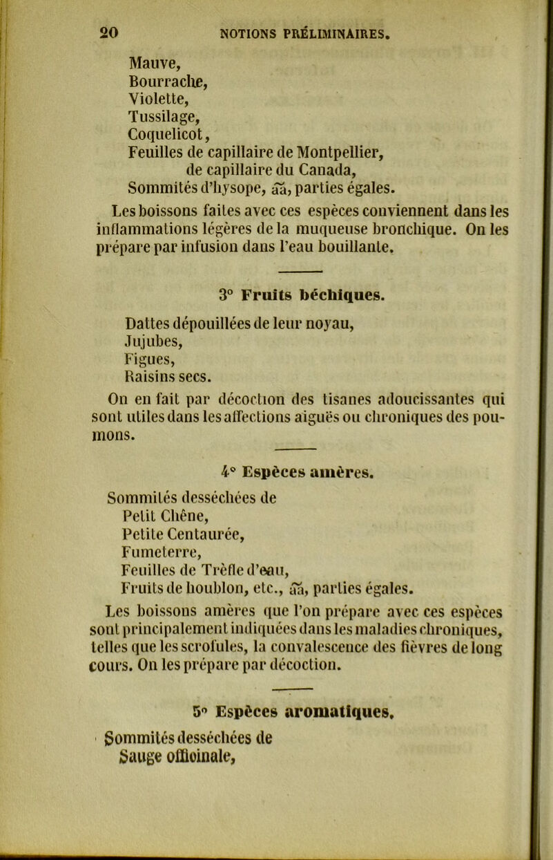 Mauve, Bourrache, Violette, Tussilage, Coquelicot, Feuilles de capillaire de Montpellier, de capillaire du Canada, Sommités d’hysope, 5a, parties égales. Les boissons faites avec ces espèces conviennent dans les inflammations légères delà muqueuse bronchique. On les prépare par infusion dans l’eau bouillante. 3° Fruits béchiques. Dattes dépouillées de leur noyau, Jujubes, Figues, Raisins secs. On en fait par décoction des tisanes adoucissantes qui sont utiles dans les affections aiguës ou chroniques des pou- mons. 4° Espèces amères. Sommités desséchées de Petit Chêne, Petite Centaurée, Fumcterre, Feuilles de Trèfle d’eau, Fruits de houblon, etc., 5a, parties égales. Les boissons amères que l’on prépare avec ces espèces sont principalement indiquées dans les maladies chroniques, telles que les scrofules, la convalescence des fièvres de long cours. On les prépare par décoction. 5° Espèces aromatiques. Sommités desséchées de Sauge officinale,