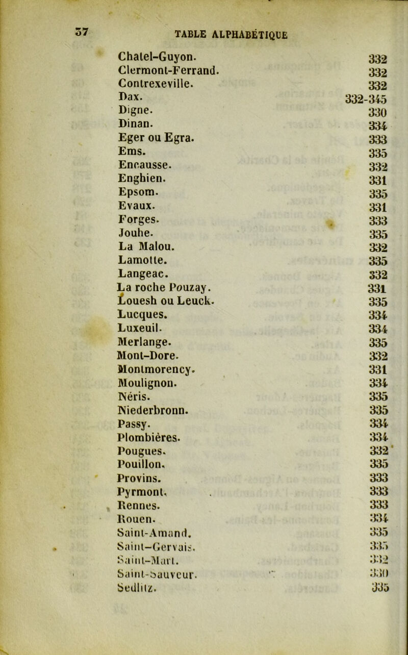 Ô7 Chalel-Guyon. 332 Clermont-Ferrand. 332 Contrexeville. 332 Dax. 332-345 Digne. 330 Dinan. 334 Eger ou Egra. 333 Ems. 335 Encausse. 332 Enghien. 331 Epsom. 335 Evaux. 331 Forges. 333 «Jouhe. 335 La Malou. 332 Lamotle. 335 Langeae. 332 La roche Pouzay. 331 iouesh ou Leuck. 335 Lucques. 334 Luxeuil. 334 Merlange. 335 Mont-Dore. 332 Montmorency. 331 Moulignon. 334 rs'éris. 335 Niederbronn. 335 Passy. 334 Plombières. 334 Pougues. 332 ‘ Pouillon. 335 Provins. 333 Pyrmont, 333 Rennes. 333 Rouen. :J34 Saint-Amand. 335 Saint-Gervais. 335 Saint-Mari. 332 Saint-sauveur. 330 Sedlilz. 335
